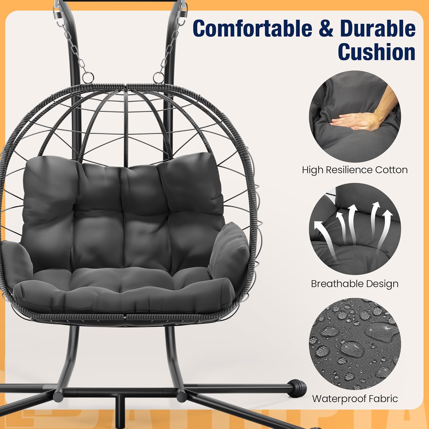 Double Egg Chair with Stand Rattan Swing Seat Grey