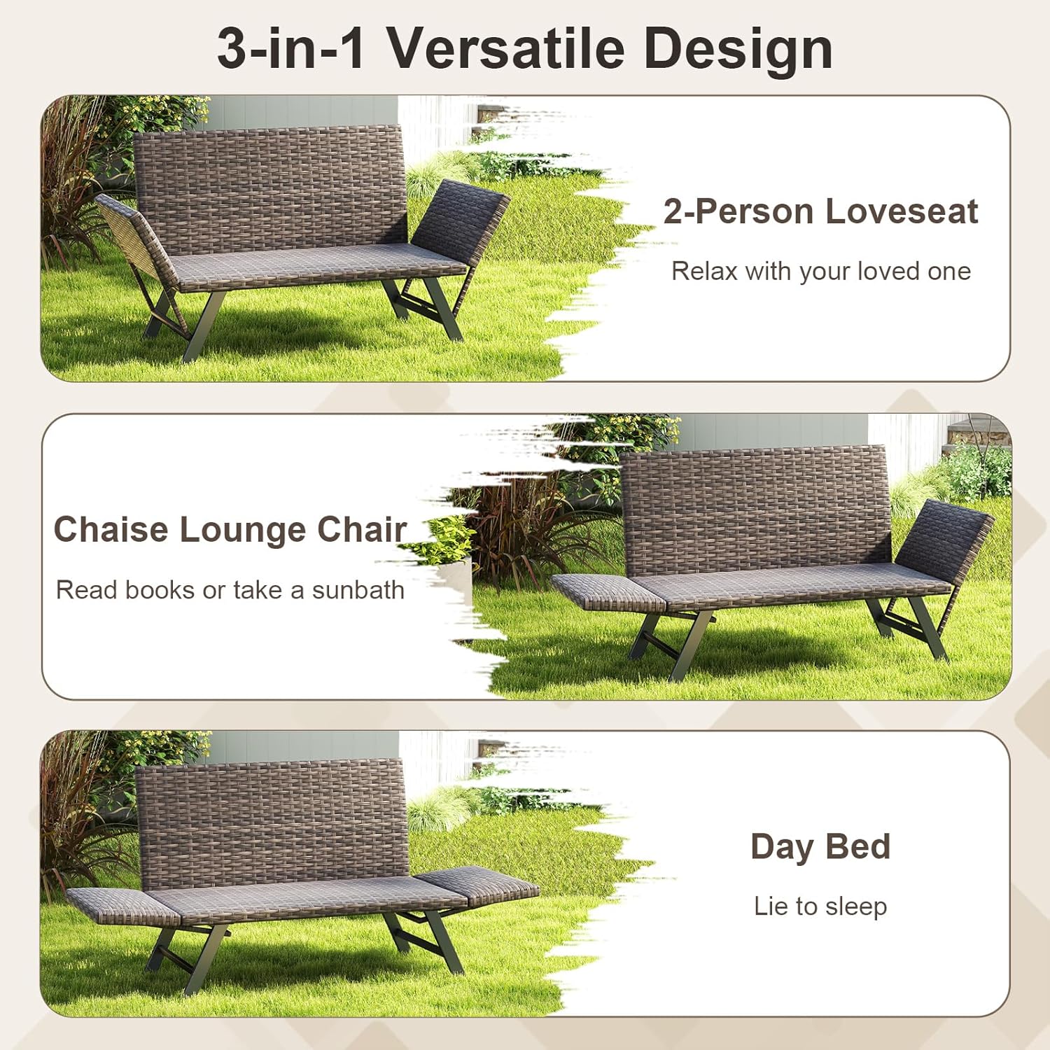 Convertible Rattan Sofa Bed Outdoor Daybed Grey