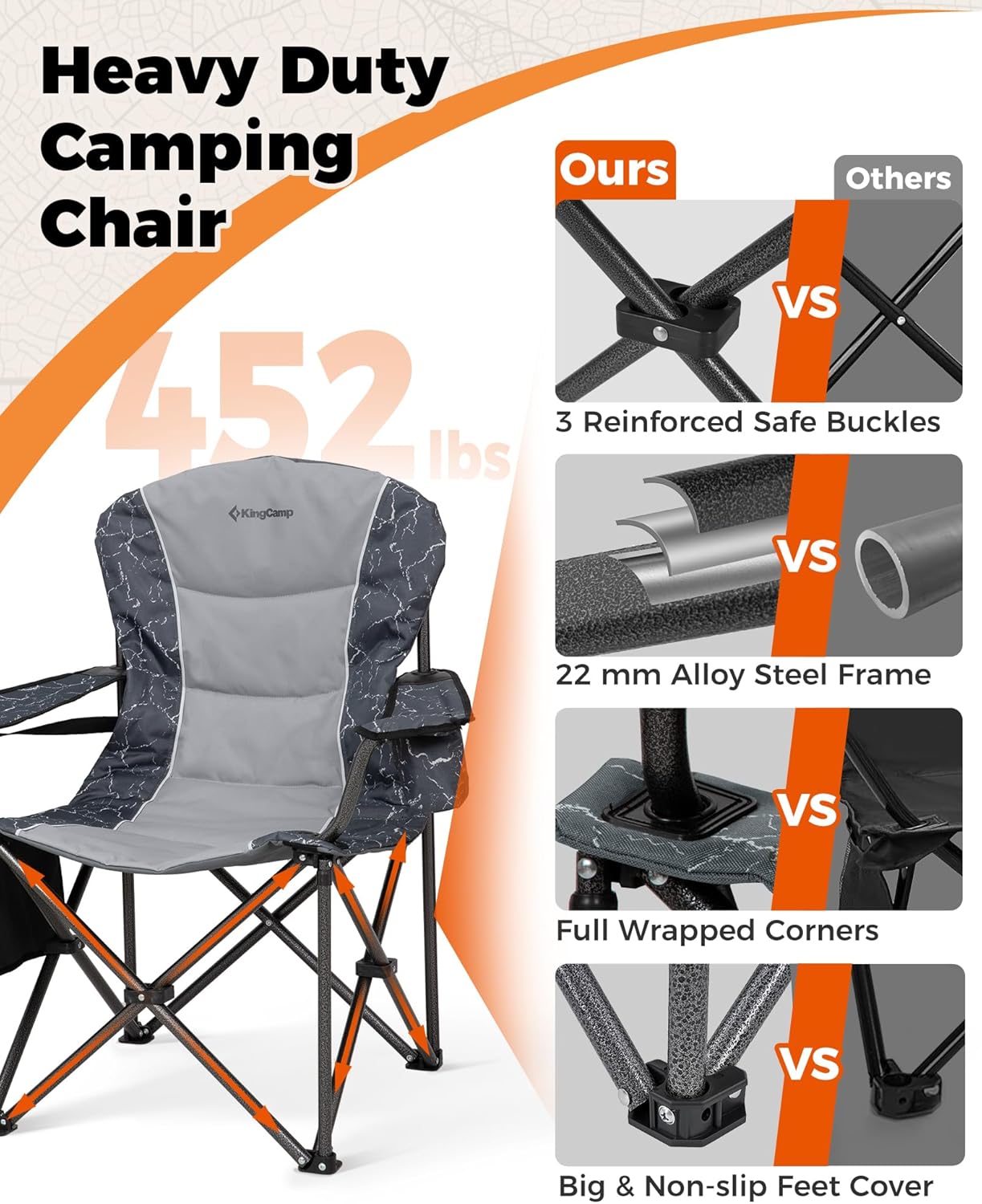 Oversized Camping Chair 450 LBS Folding Seat with Lumbar Cooler