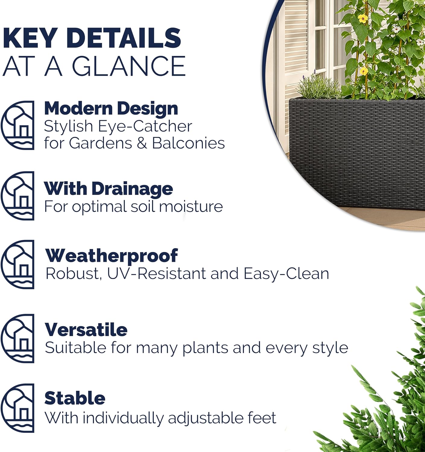 Large Tall Rattan Planter Box 95cm Black with 4 Pots