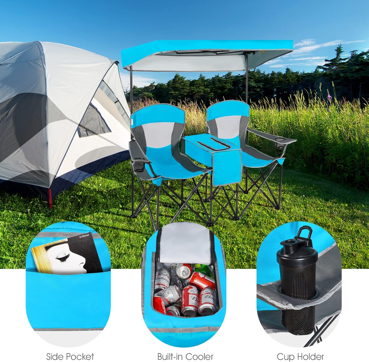 Double Camping Chair with Canopy Cooler Bag Cup Holders Blue