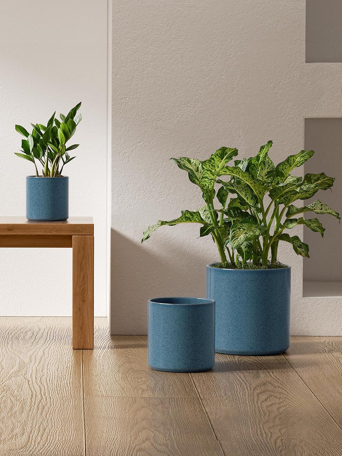 Ceramic Plant Pots Set 3 Harbor Blue Indoor Planters Drainage