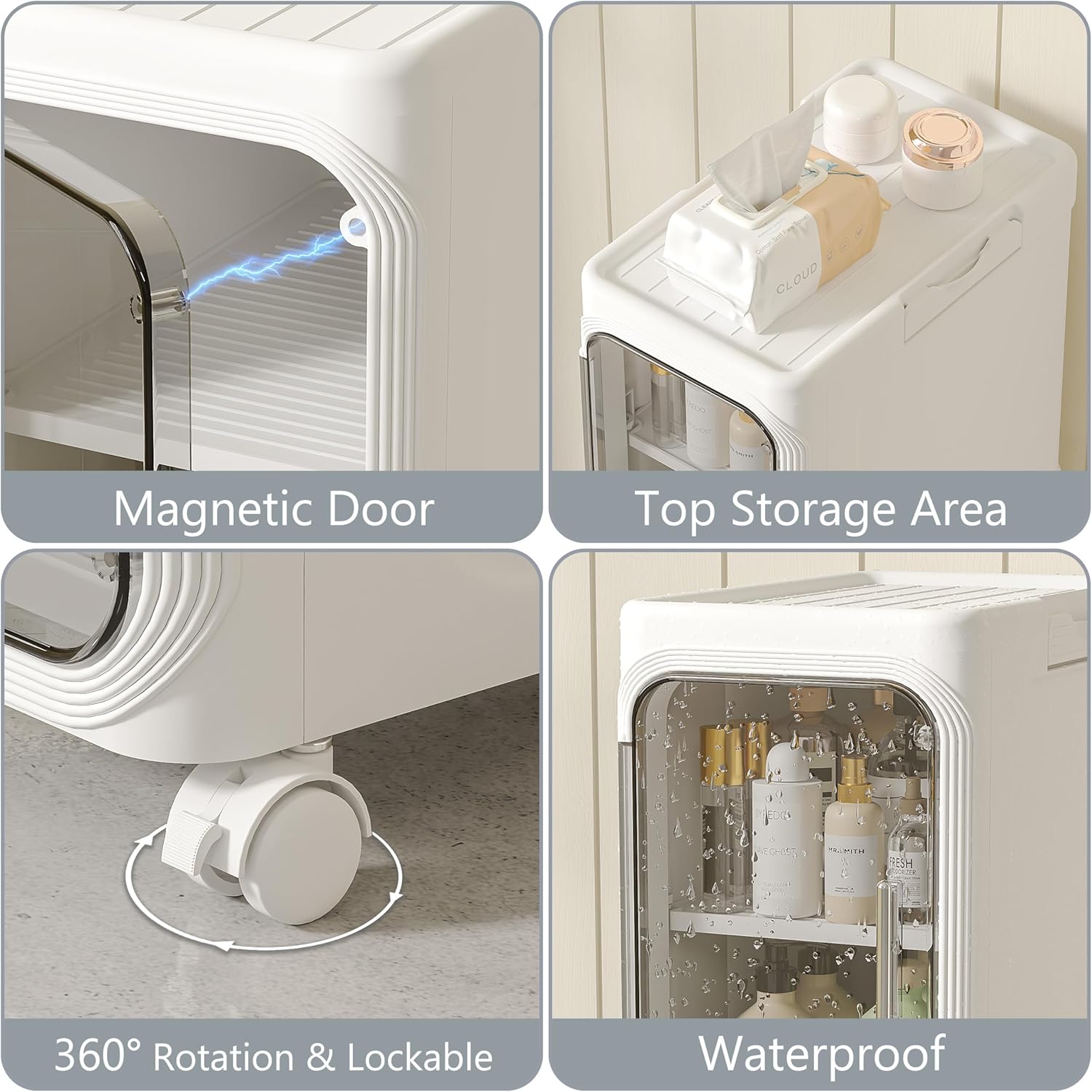 5 Tier Slim Bathroom Storage Cabinet with Wheels Waterproof Clear Smoke