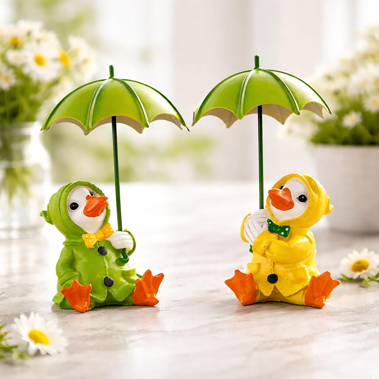 Duck Garden Ornaments Set 2 Resin Sitting Ducks Umbrella Decor