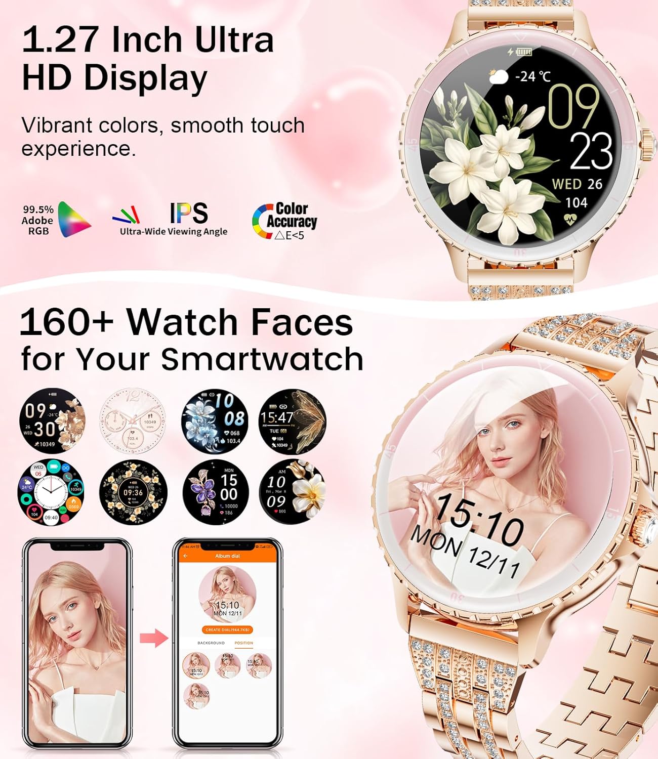 Rose Gold Diamond Smart Watch Bluetooth Call Fitness Tracker