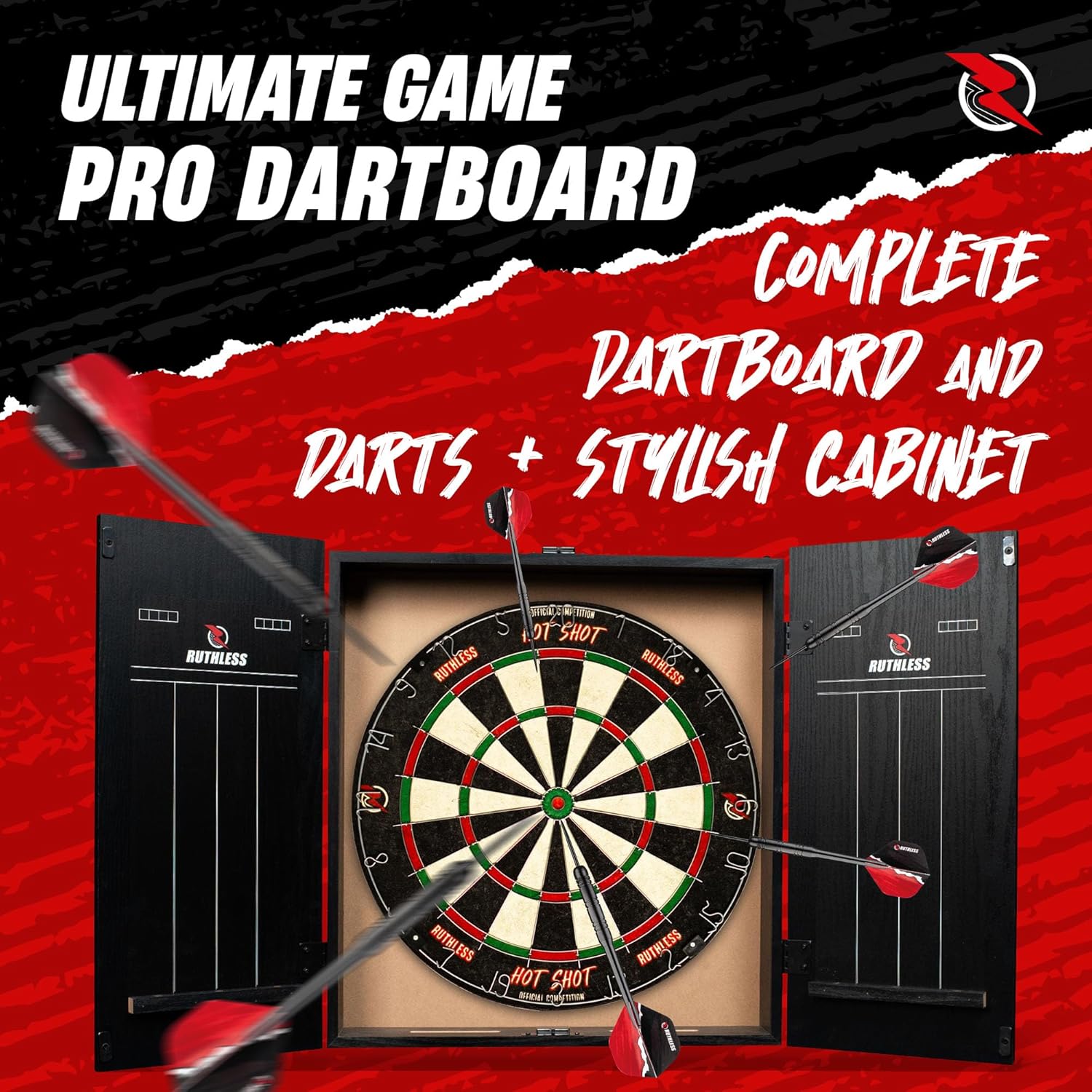 Home Dart Board Cabinet Set LED Light Scoreboard 2 Darts Wood