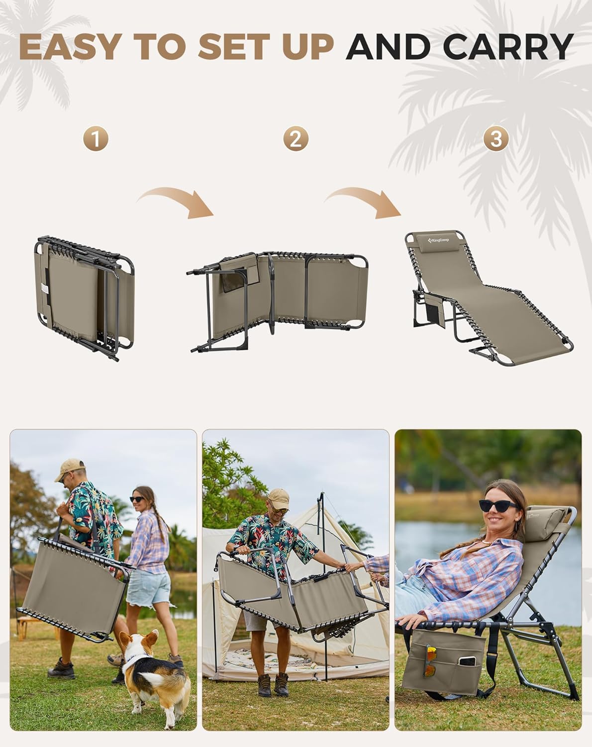 Folding Sun Lounger Camp Bed Beige 5 Position Recliner