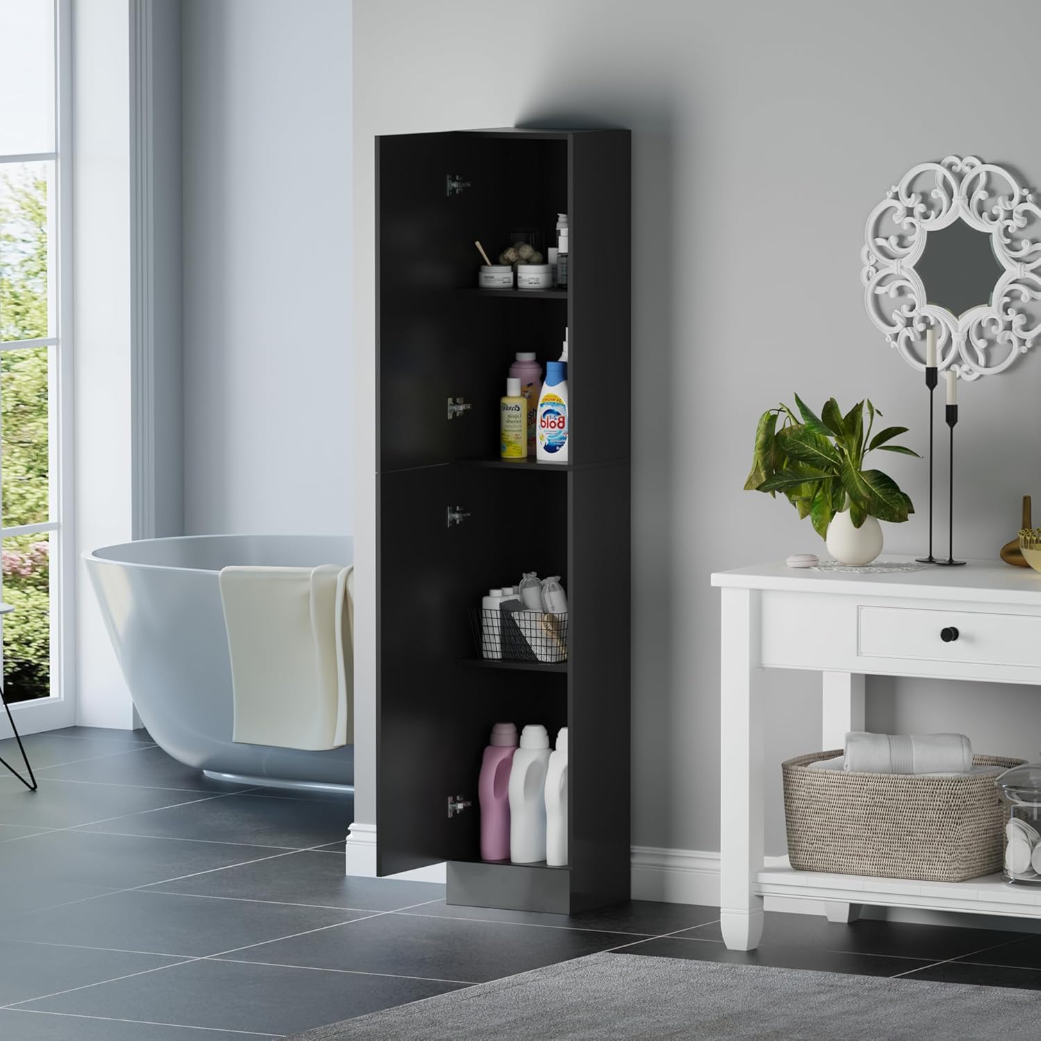 190cm High Gloss Black Tall Bathroom Cabinet 2 Door Shelves