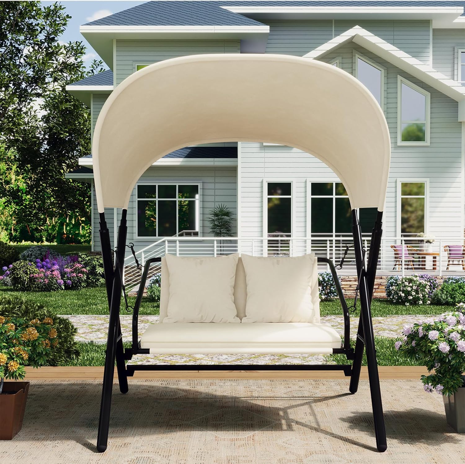 2 Seater Garden Swing Seat Canopy Cushions Metal Frame 272kg