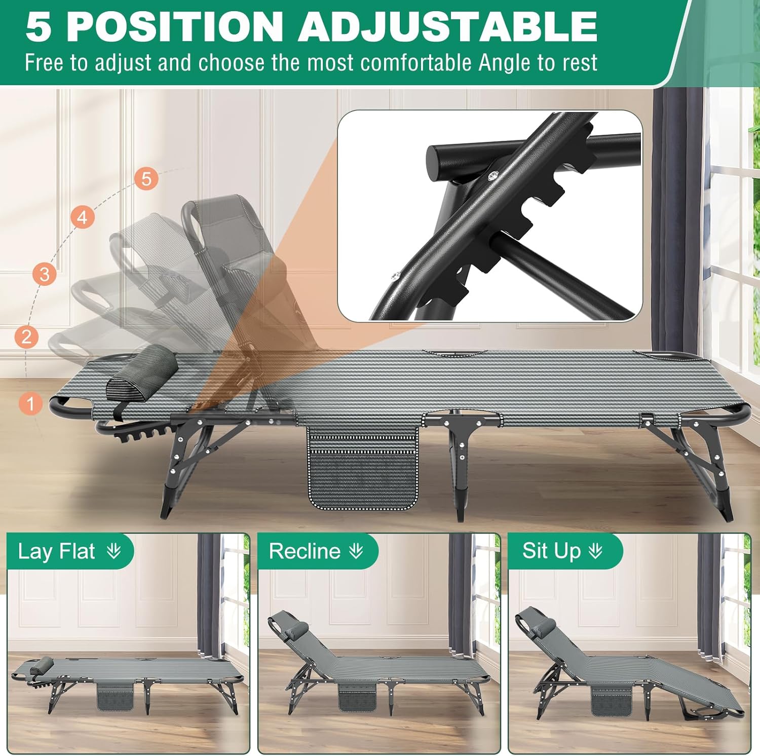 Heavy Duty Folding Lounger Bed Grey 200KG Recliner