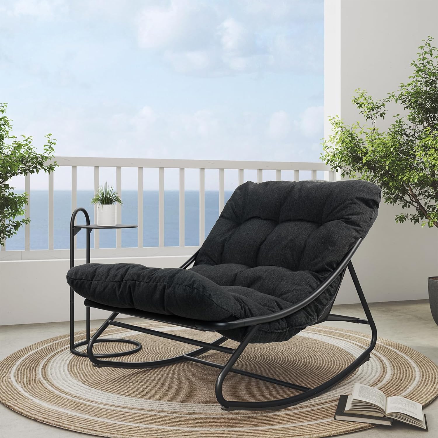 Garden Rocking Chair with Side Table Cushion Dark Grey