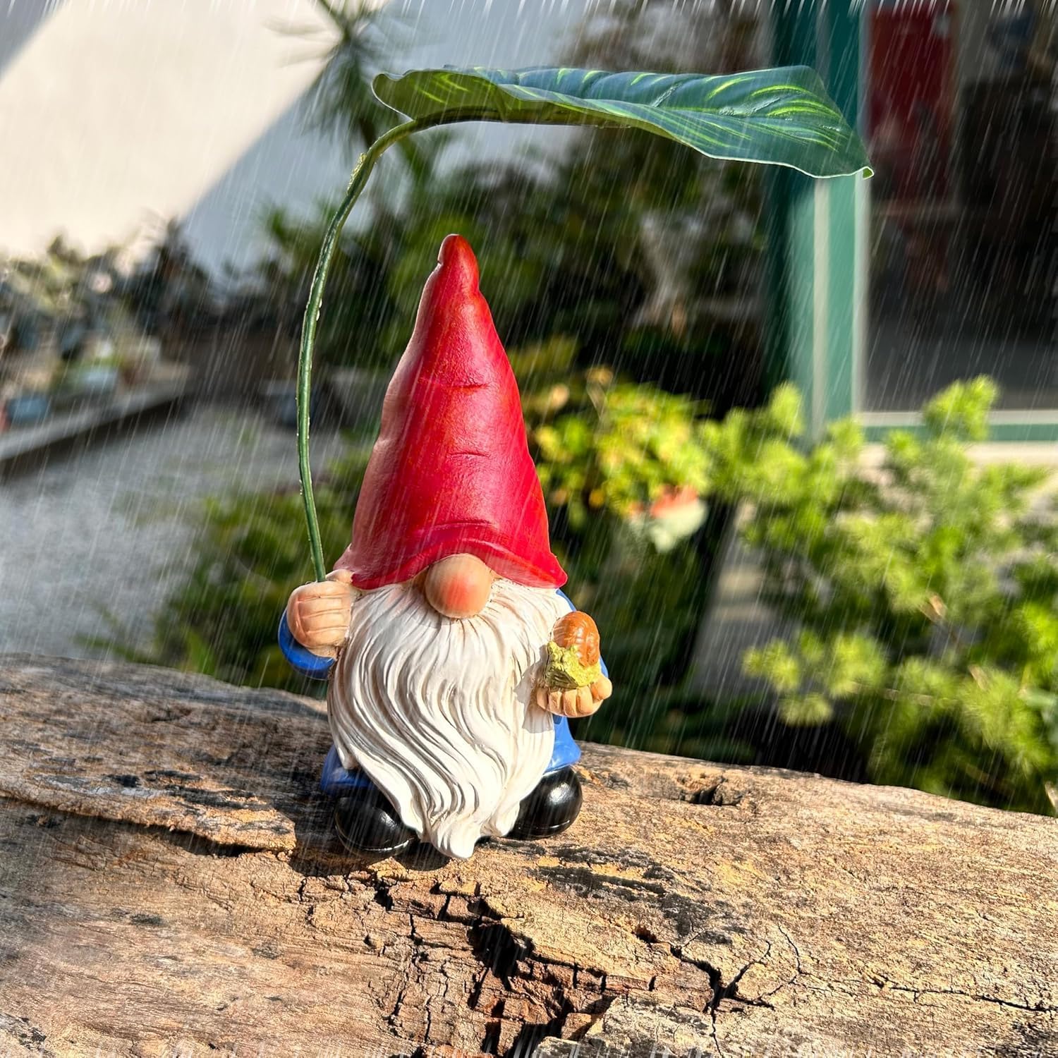 Garden Gnome Statue Leaf Umbrella Figurine Outdoor Patio Yard Decor