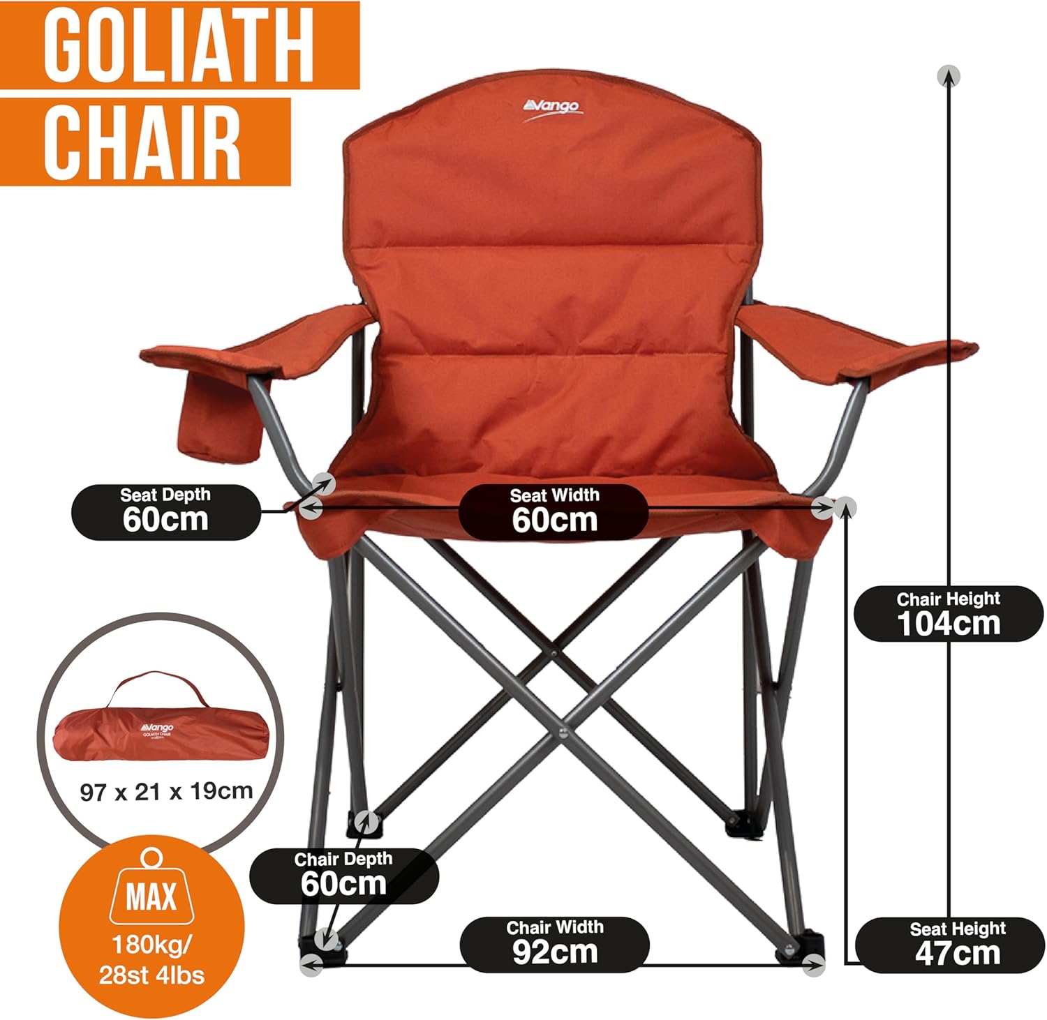 XL Padded Camping Chair 180kg Extra Wide Red Fold