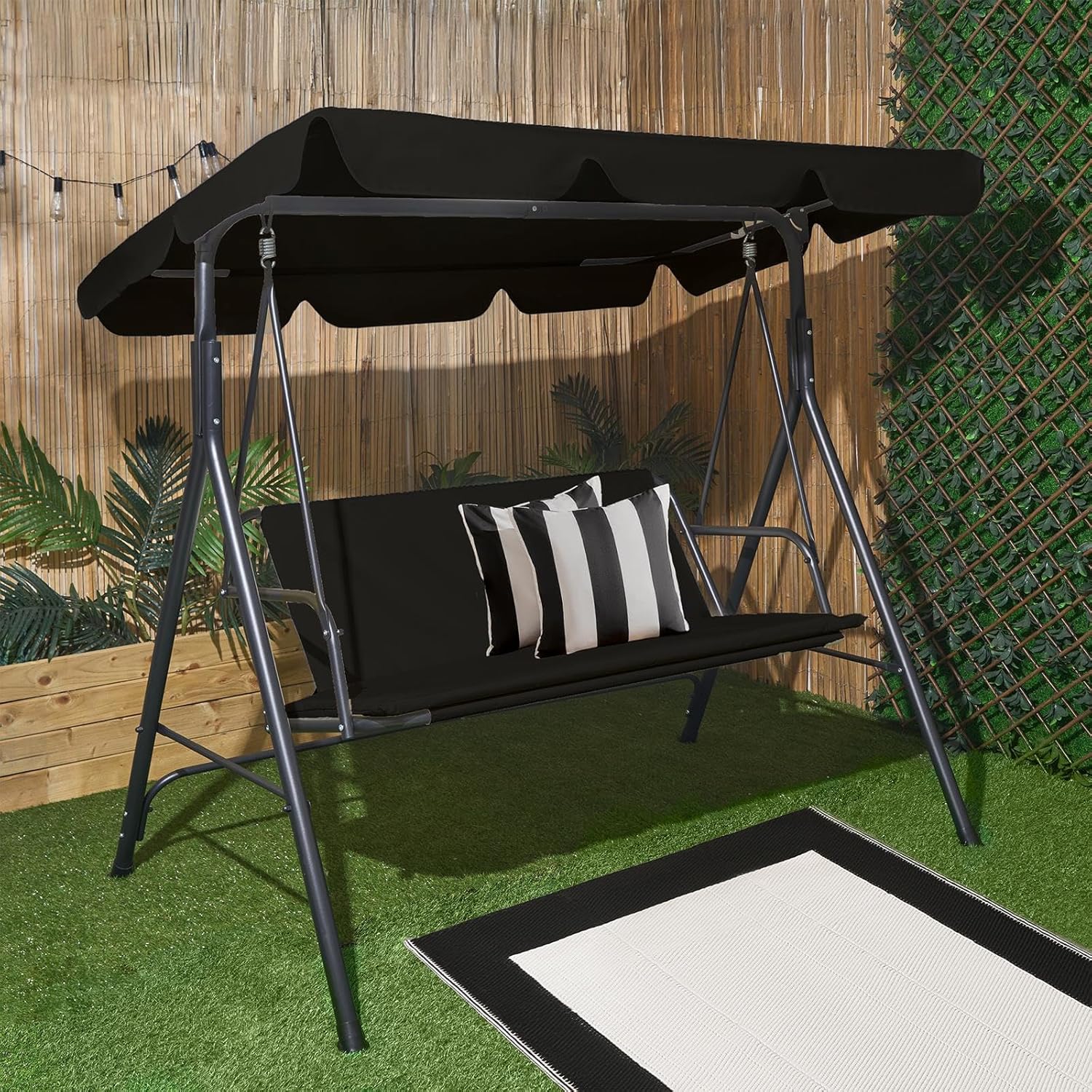 Black 3 Seater Garden Swing Bench with Canopy
