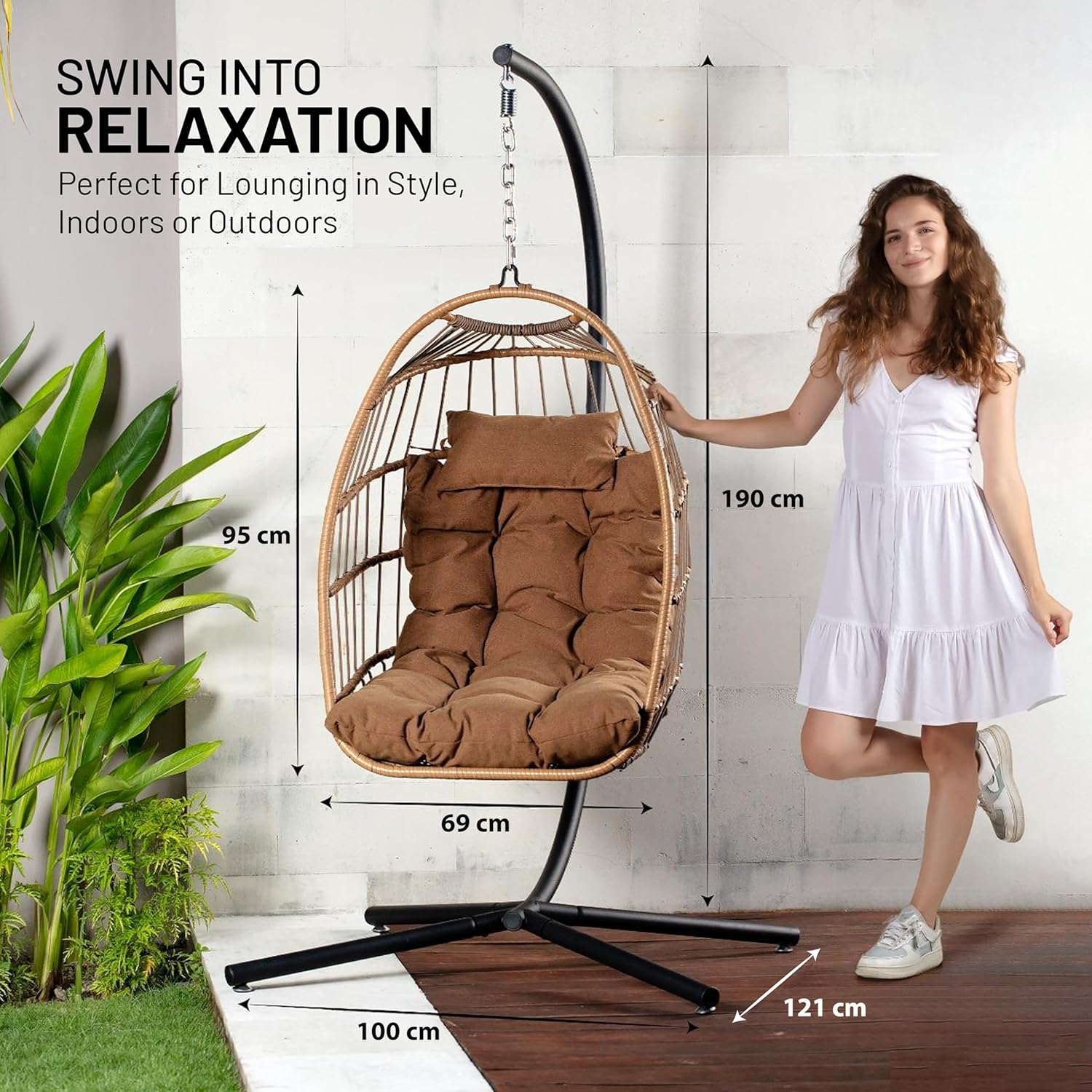 Foldable Rattan Egg Chair with Stand Cushion Brown