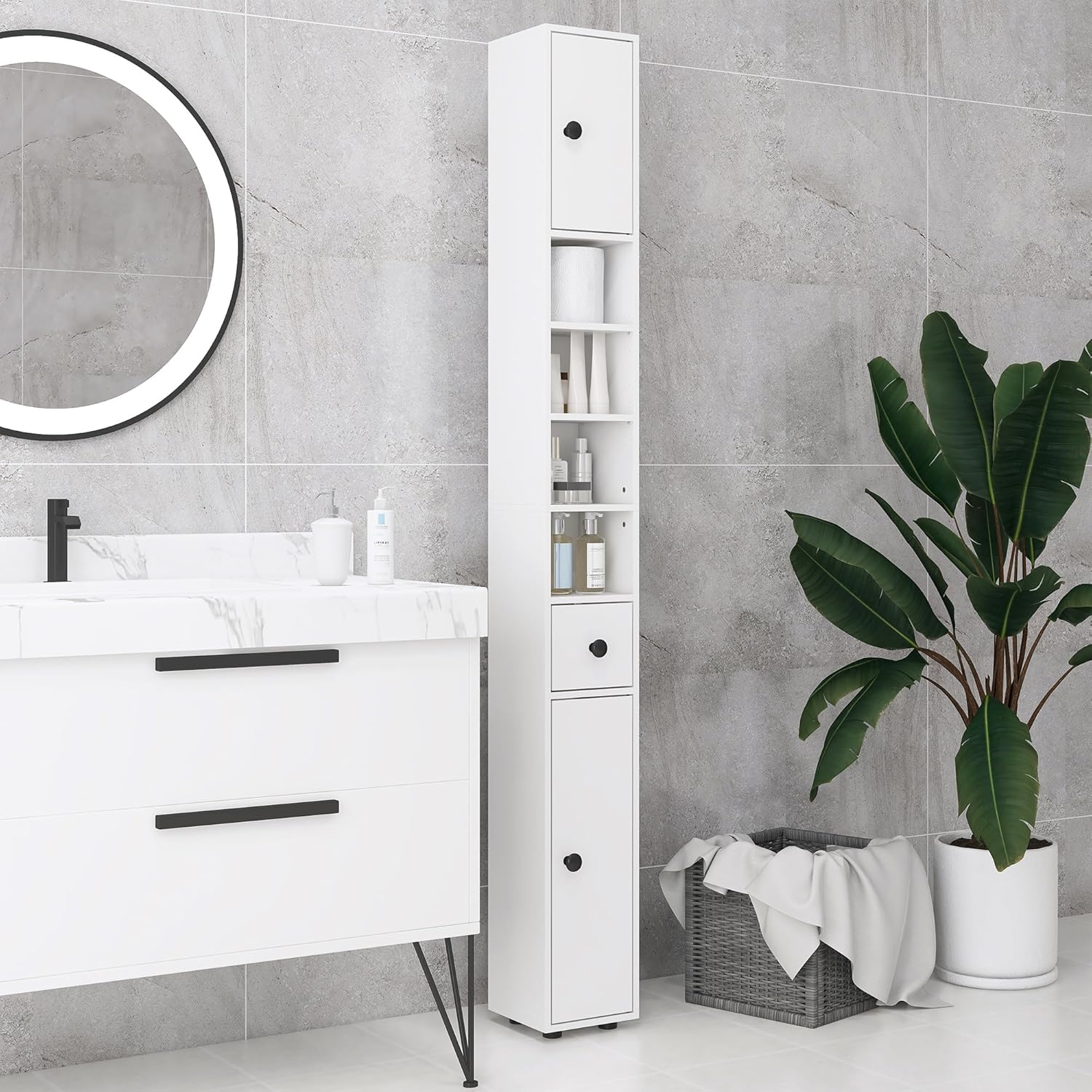 180cm Slim Bathroom Storage Cabinet 4 Shelves 2 Doors White