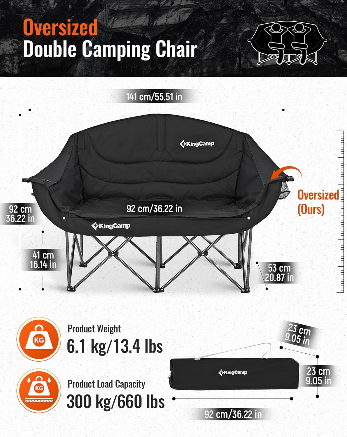 Double Camping Sofa Chair 300KG Padded Black