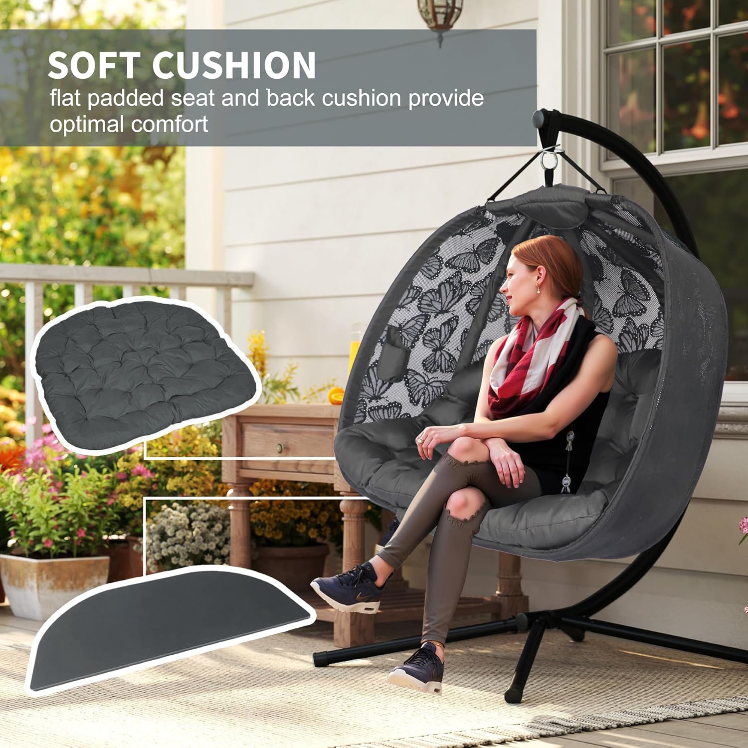 Double Hanging Egg Chair with Stand 2 Seater Plush Cushion Black