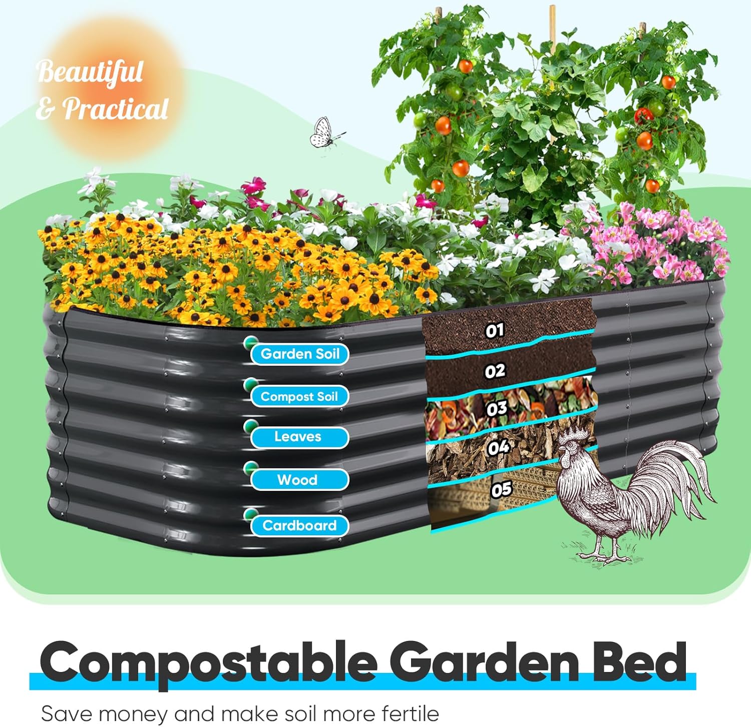 Oval Galvanized Raised Garden Bed 180x90x62cm Steel