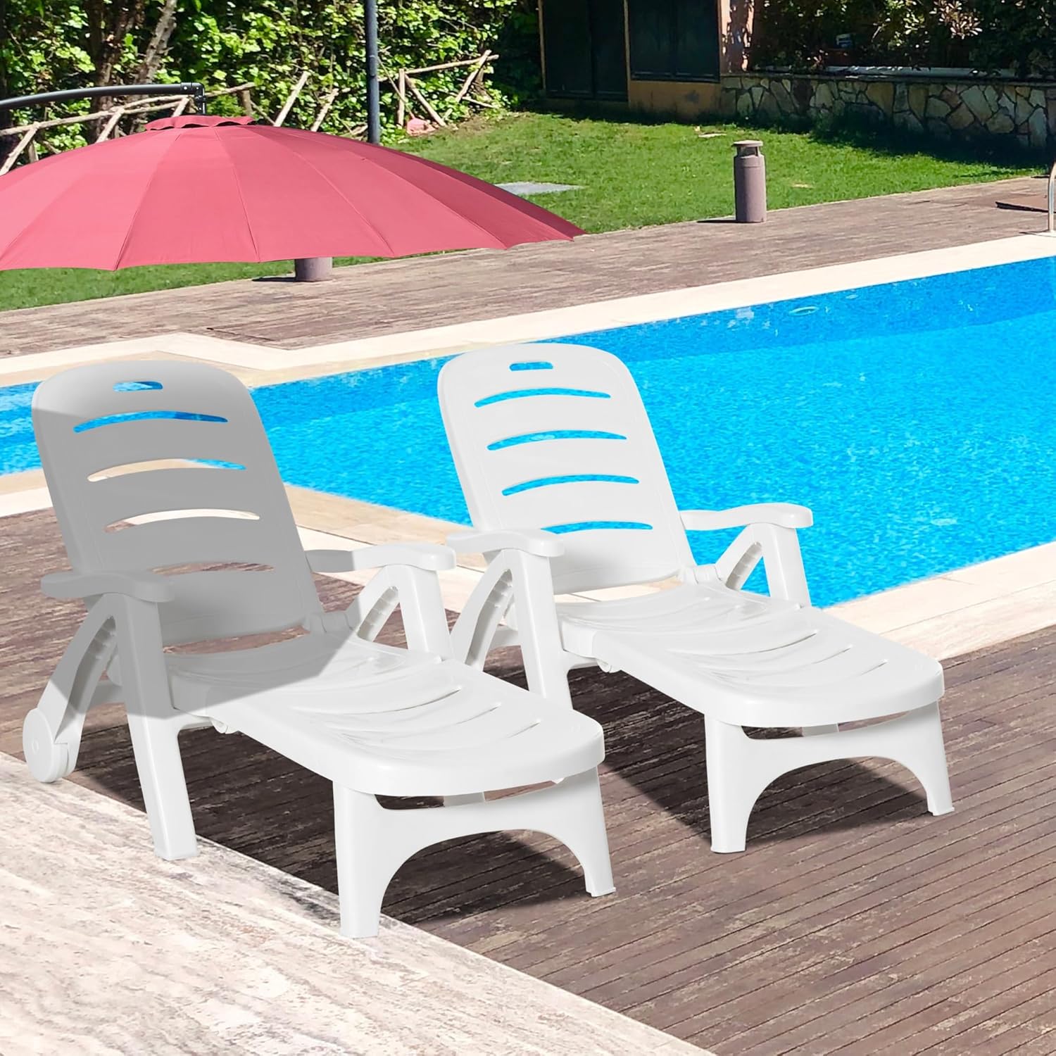 Set of 2 Folding Sun Loungers with Wheels White