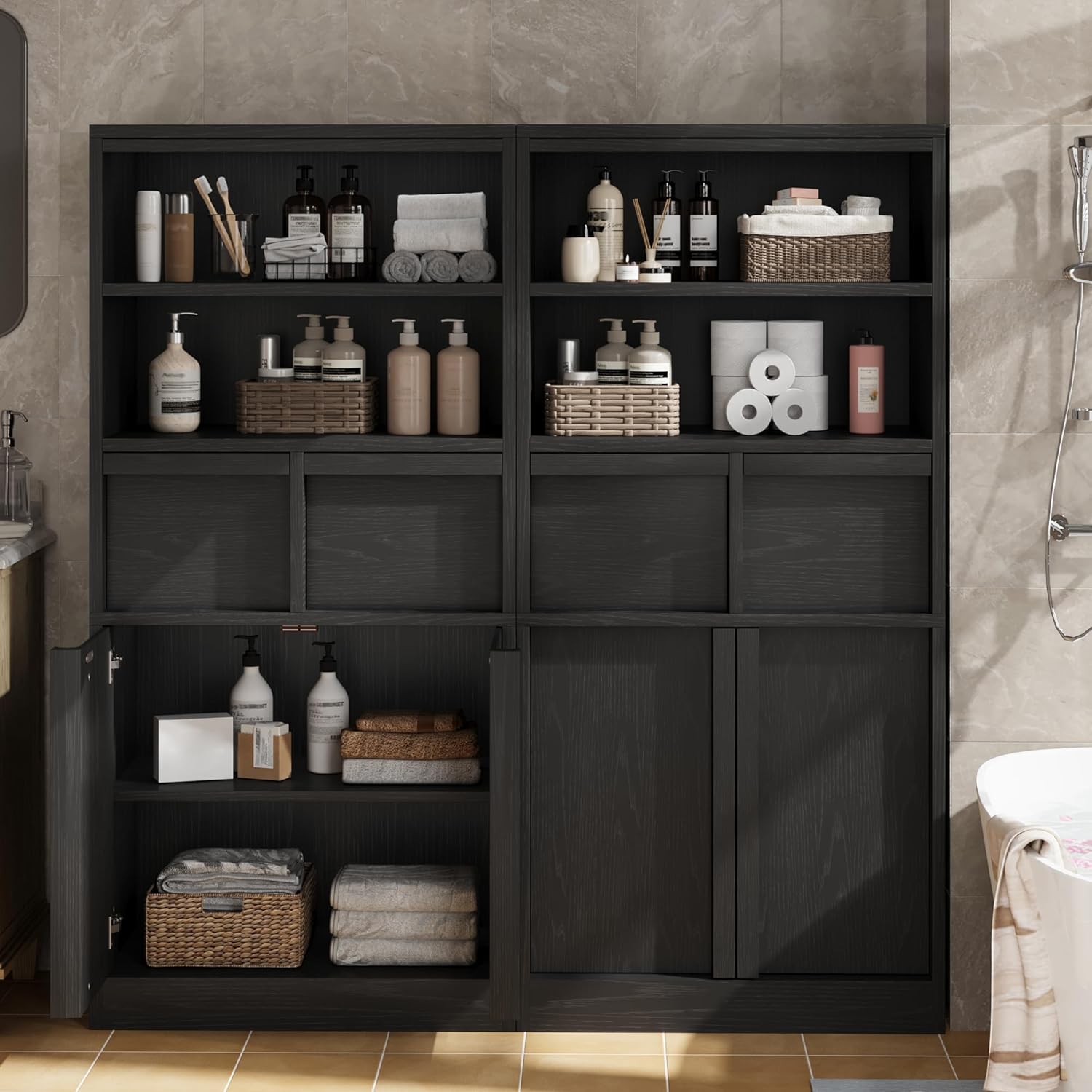 Tall Bathroom Storage Cabinet Black 2 Drawers Door Unit