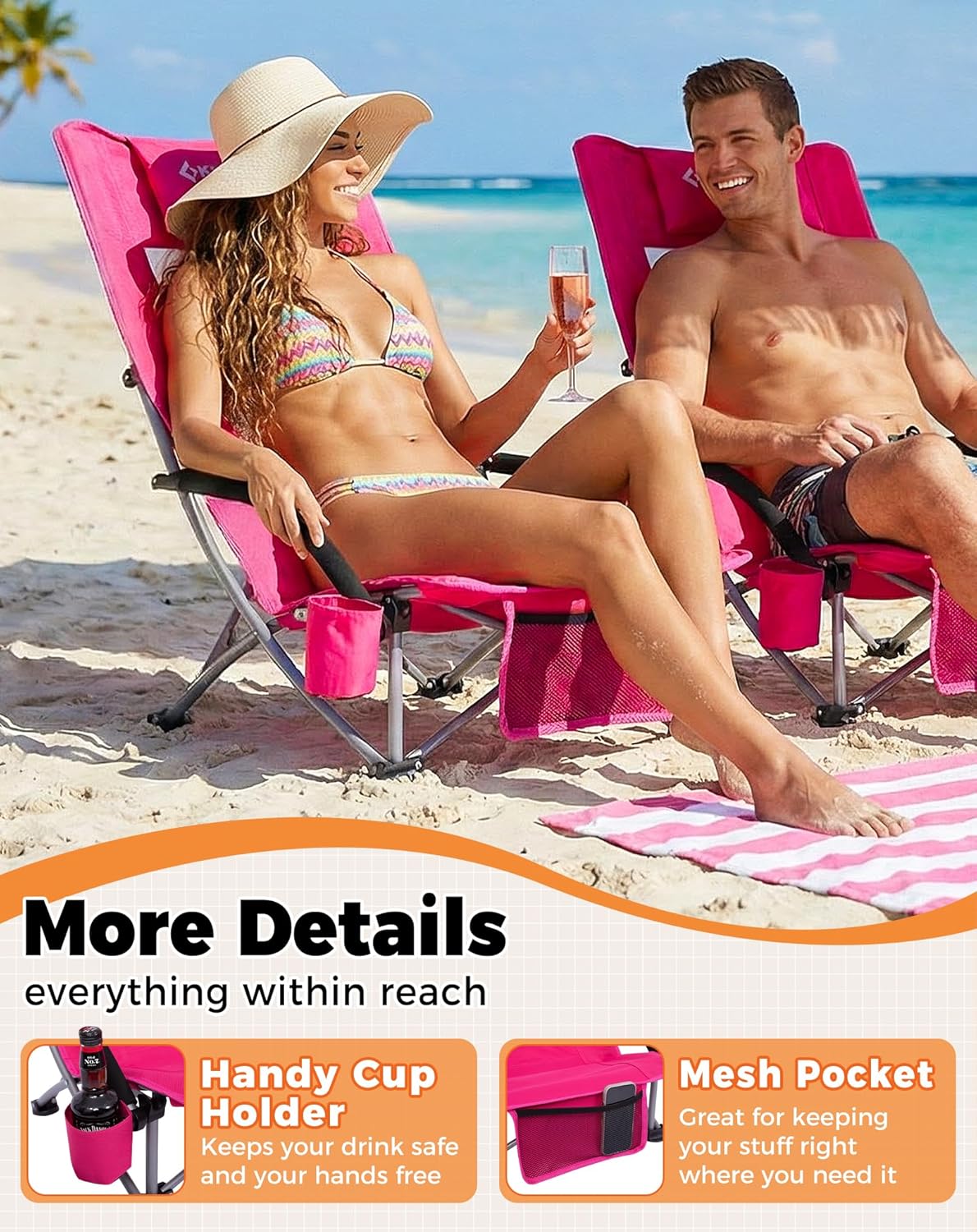 Rose Red Low Folding Beach Chair Heavy Duty Portable Mesh Seat