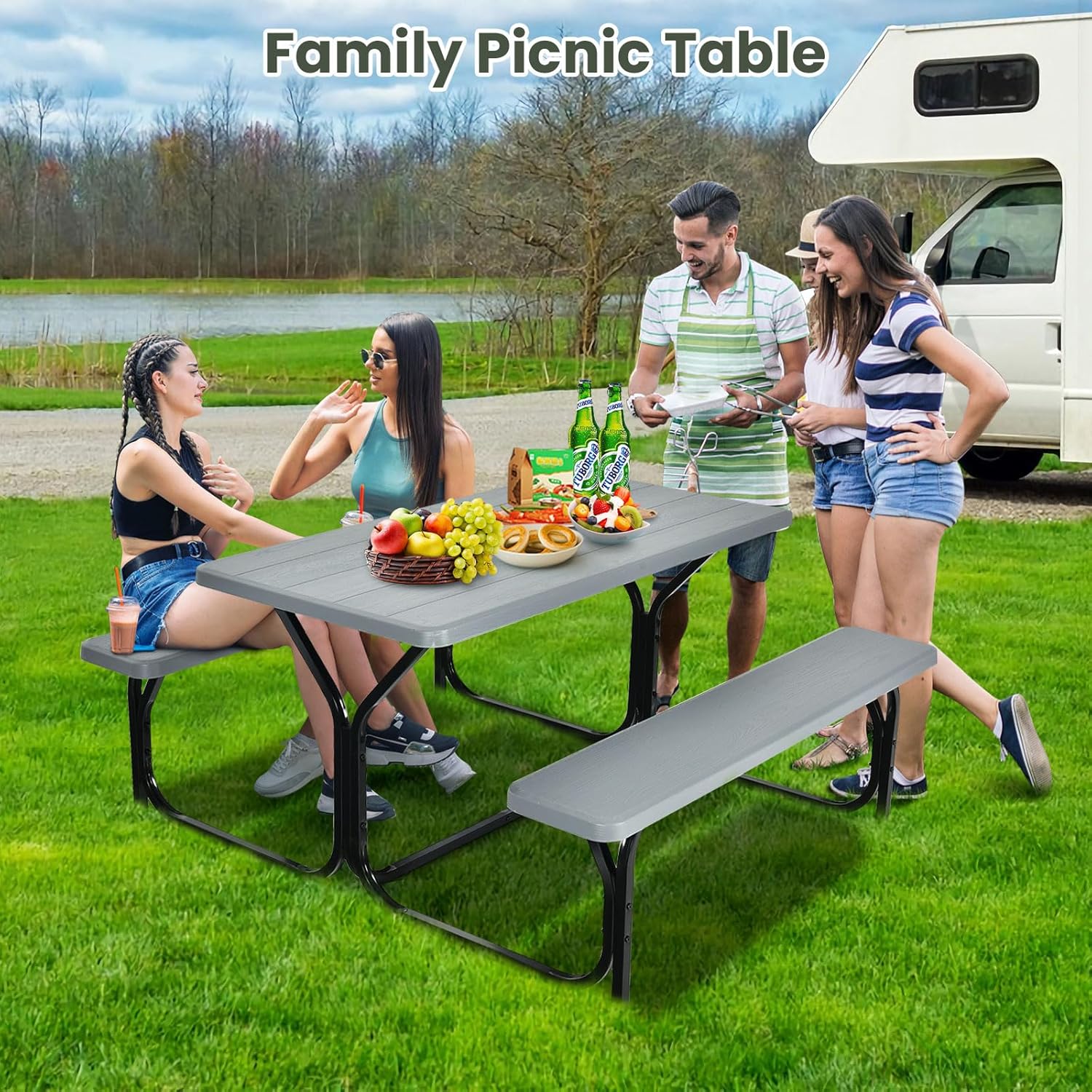 Outdoor Picnic Table Bench Set HDPE Garden Dining Grey