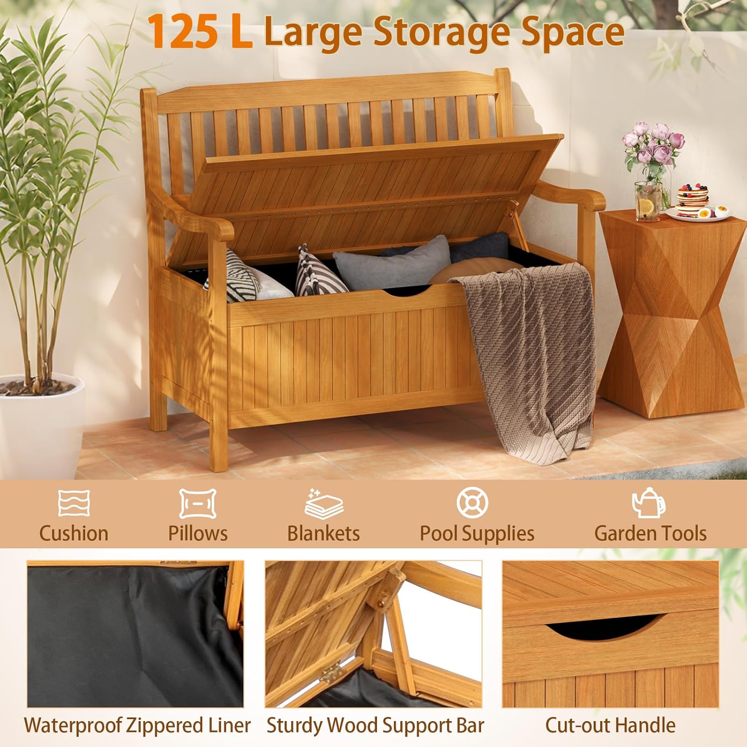 Acacia Wood Garden Storage Bench 2 Seater 125L Patio Seat