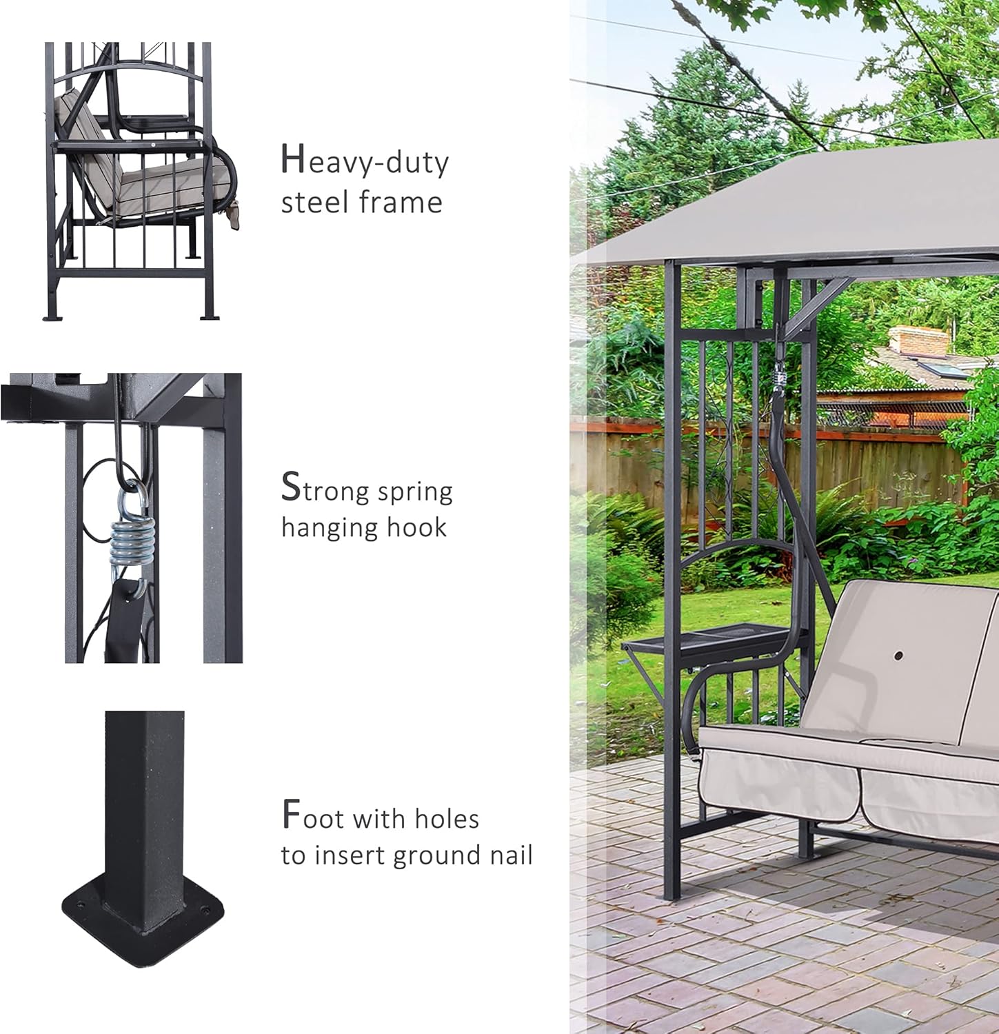 2 Seater Garden Swing Chair with Canopy Side Tables Beige