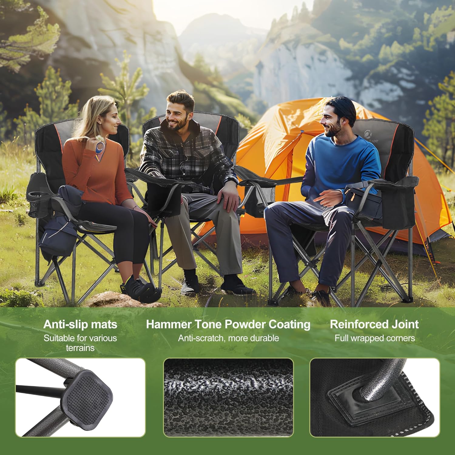 Heavy Duty Folding Camping Chair 200kg Padded Cooler Black