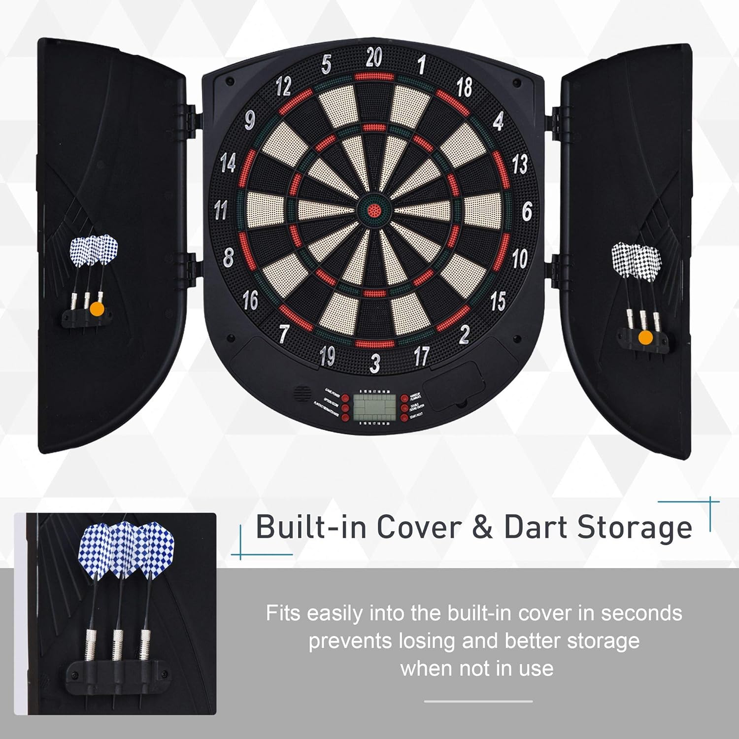 Electronic Dartboard Cabinet Set LCD Scoring 26 Games 6 Darts