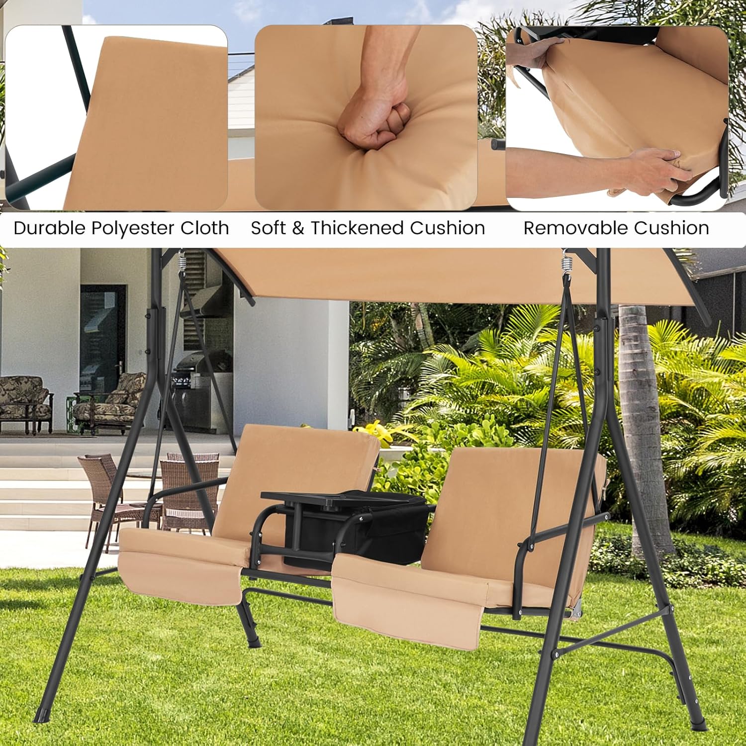 2 Person Garden Swing Chair Beige Canopy Cooler Tray