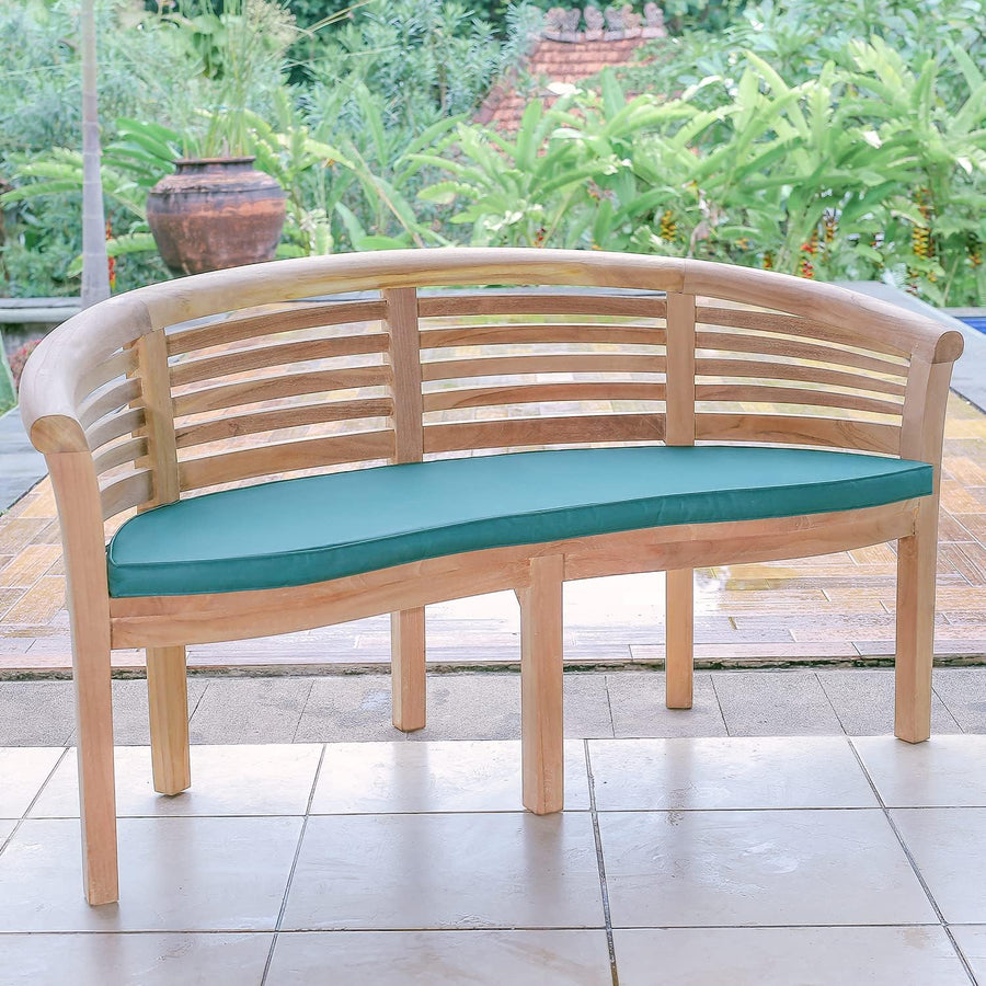 Teak Wood Banana Garden Bench w/ Green Cushion Curved Patio Seat 168cm