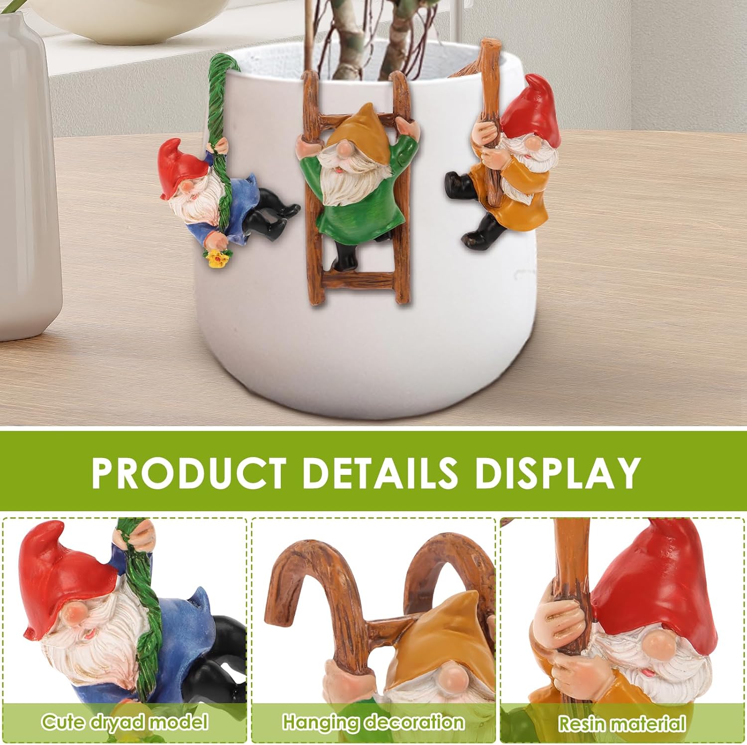 Mini Climbing Garden Gnome Set 3 Resin Flower Pot Hugger Decor