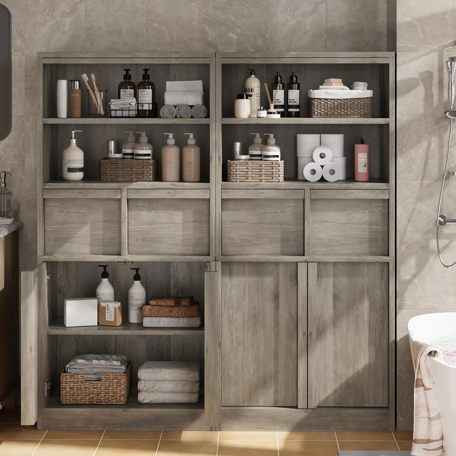 Tall Bathroom Storage Cabinet Grey 2 Drawers Door Unit
