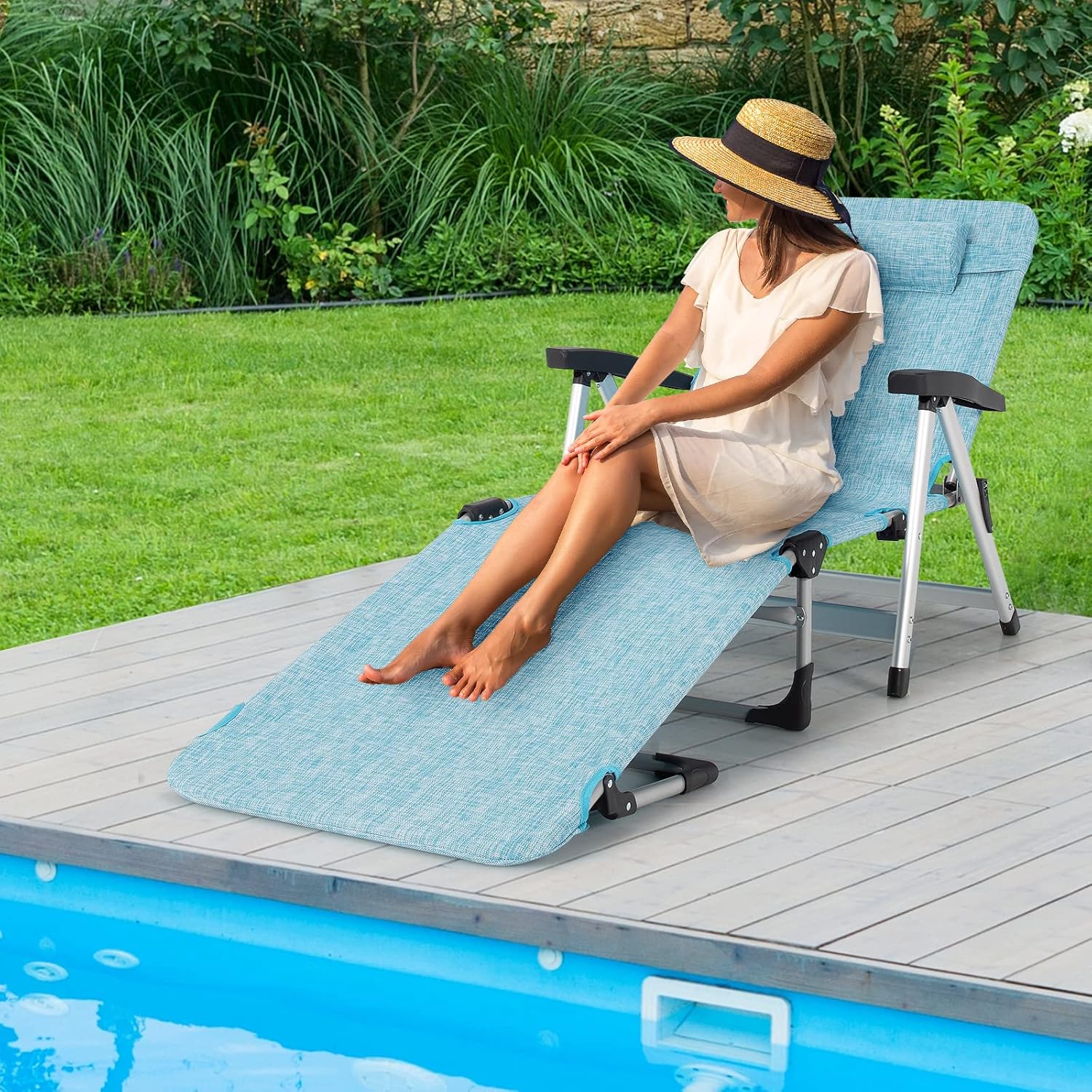 Folding Sun Lounger 7 Position Reclining Chair Cup Holder Blue