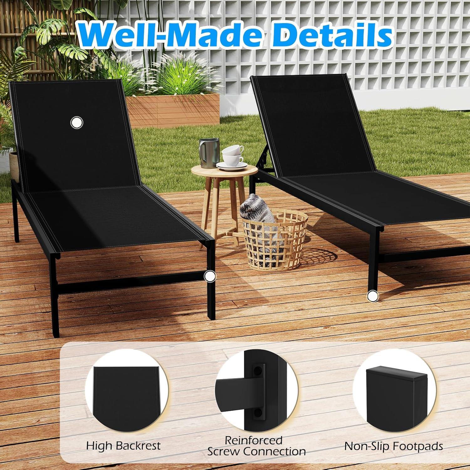 6 Level Aluminum Sun Lounger Recliner Chair Black