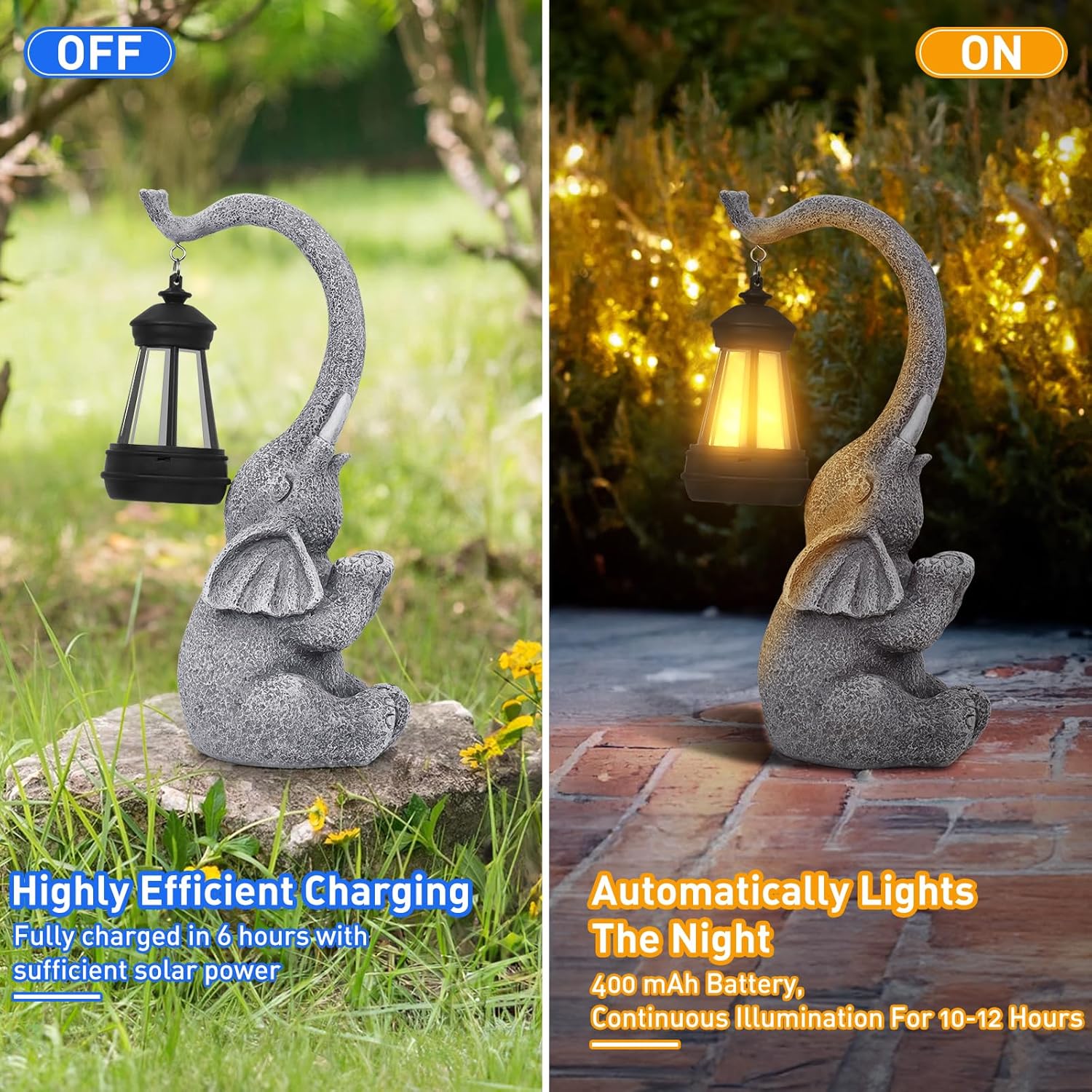 Solar Elephant Garden Statue LED Lantern Outdoor Waterproof Decor