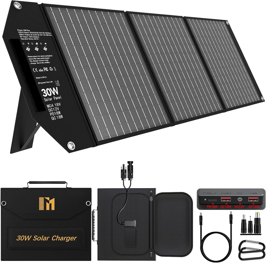30W Portable Solar Panel Foldable USB C USB A Charger Camping