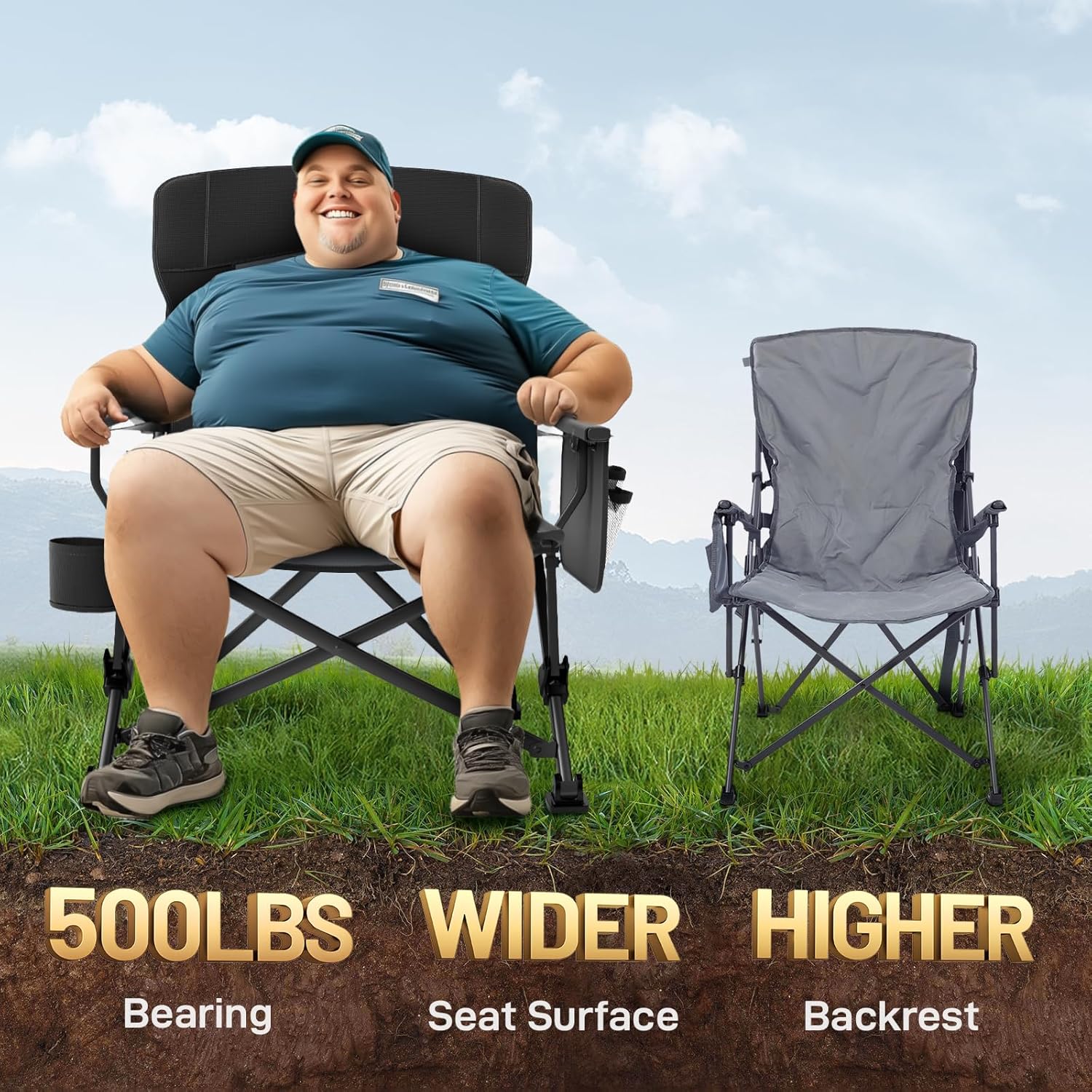 Oversized Folding Camping Chair XL Heavy Duty Lumbar Support 230KG Black