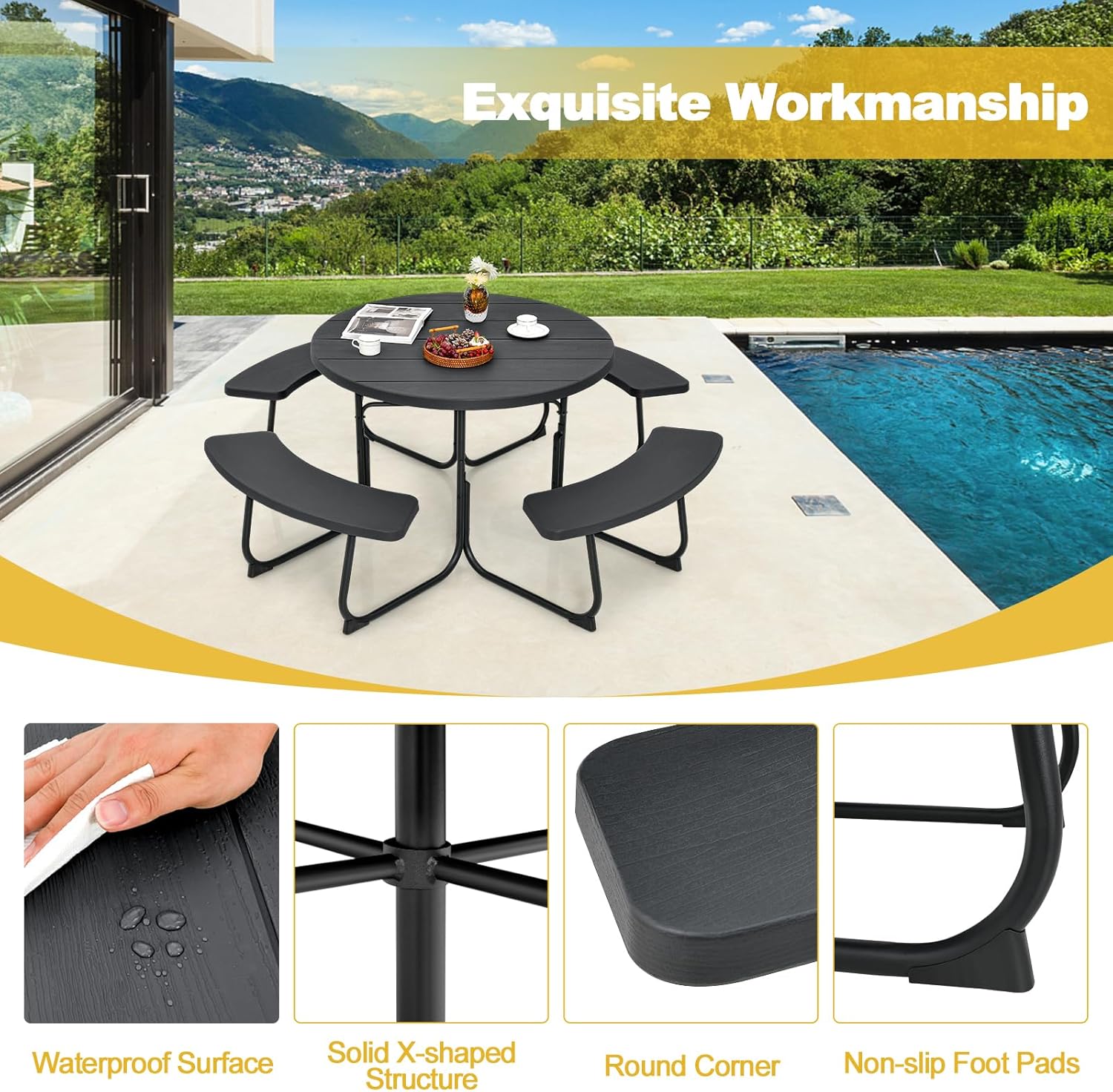 8 Seater Round Picnic Table Bench Set Outdoor Patio w/Parasol Hole Black