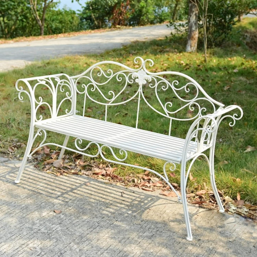 Retro Metal Garden Bench 2 Seater Outdoor Patio Bench Cast Iron White