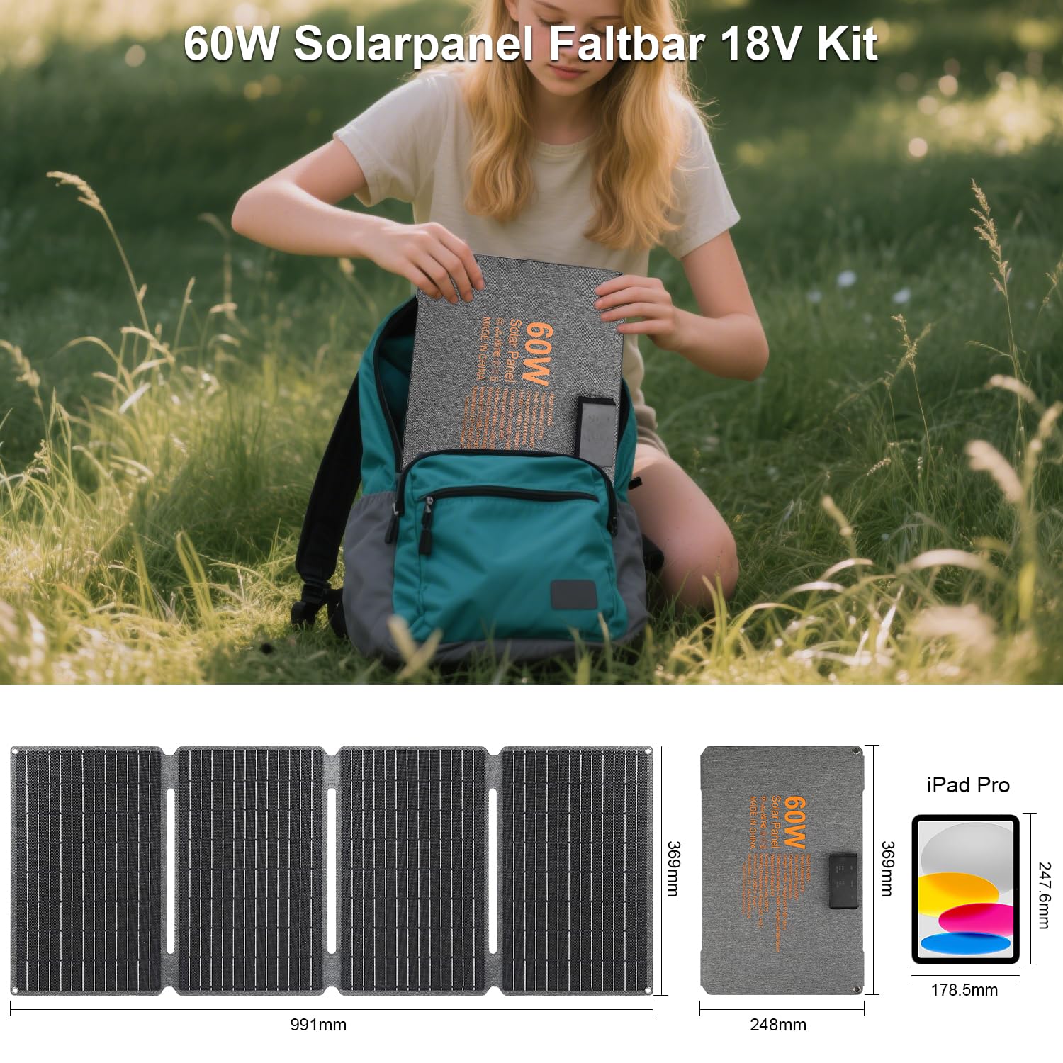 60W Foldable Solar Panel USB C DC Camping Charger