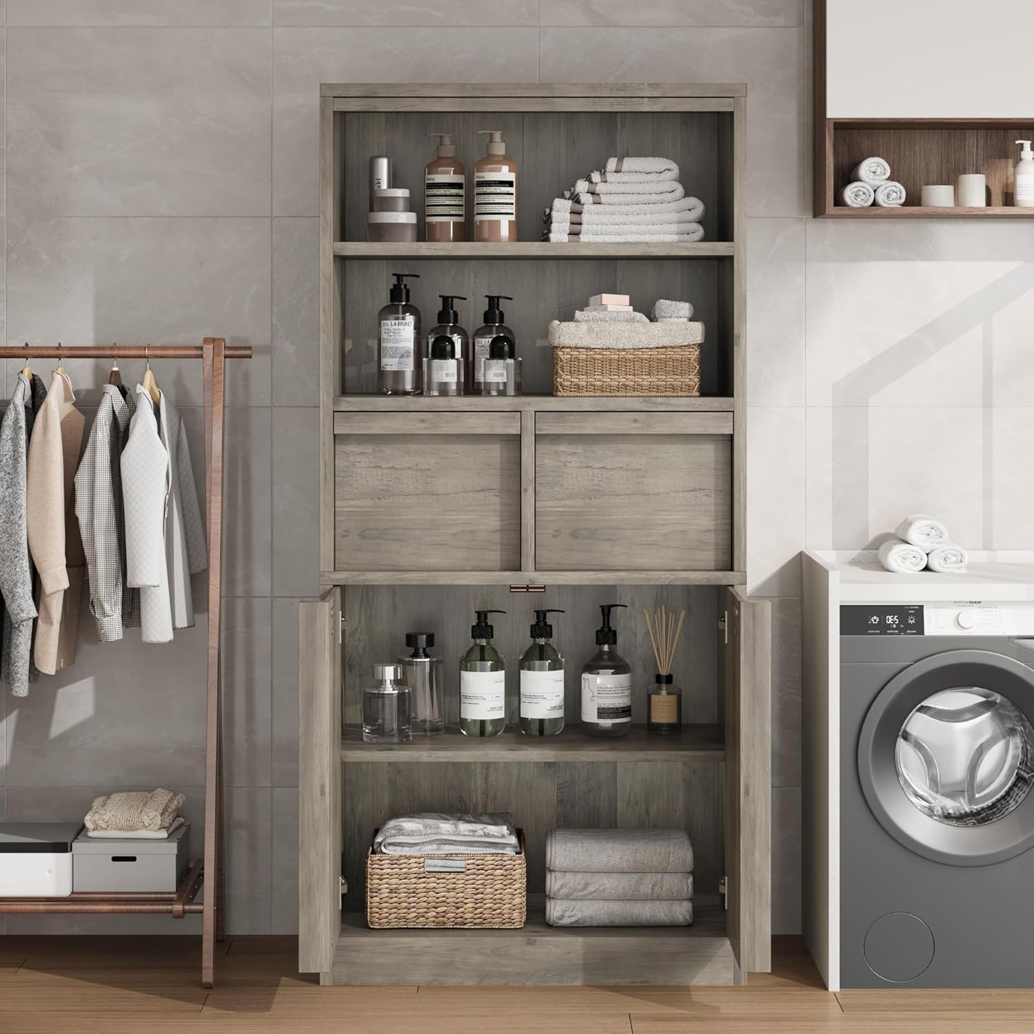 Tall Bathroom Storage Cabinet Grey 2 Drawers Door Unit