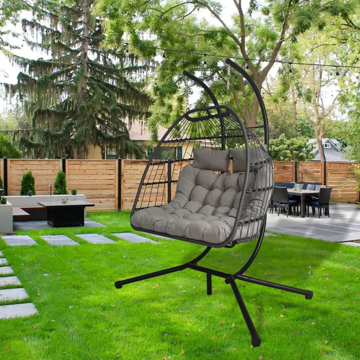 Double Rattan Swing Chair with Stand Light Grey
