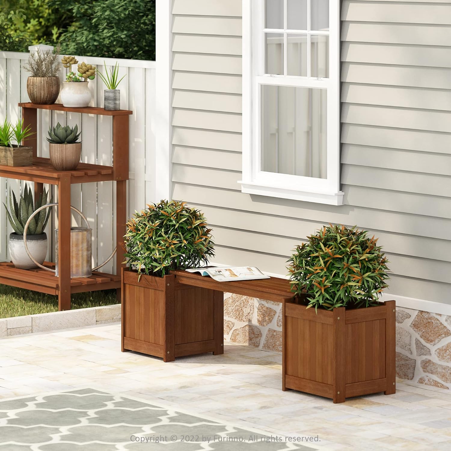 Wood Planter Box with Bench Teak Oil Treated Garden Patio Seat