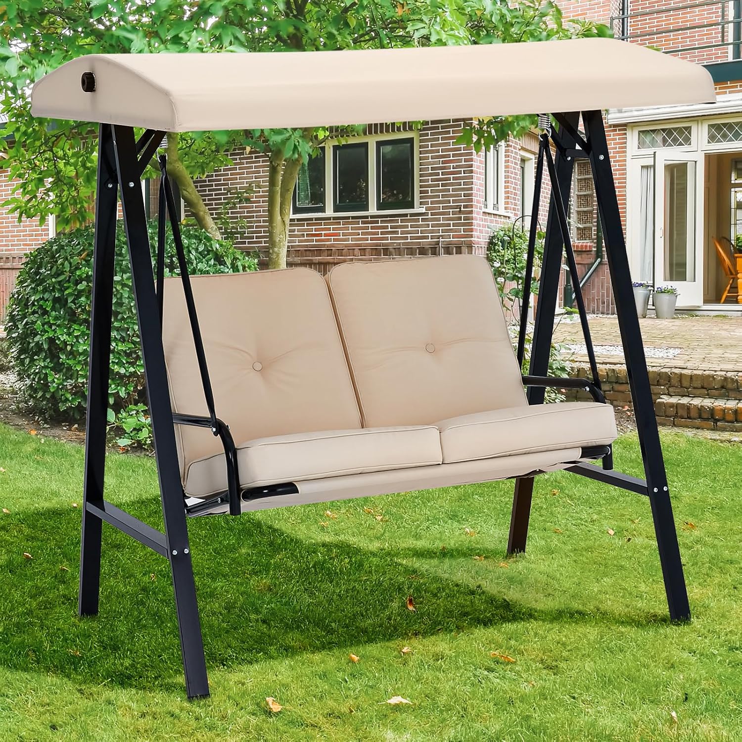 2 Seater Garden Swing Chair with Canopy Cushion Beige