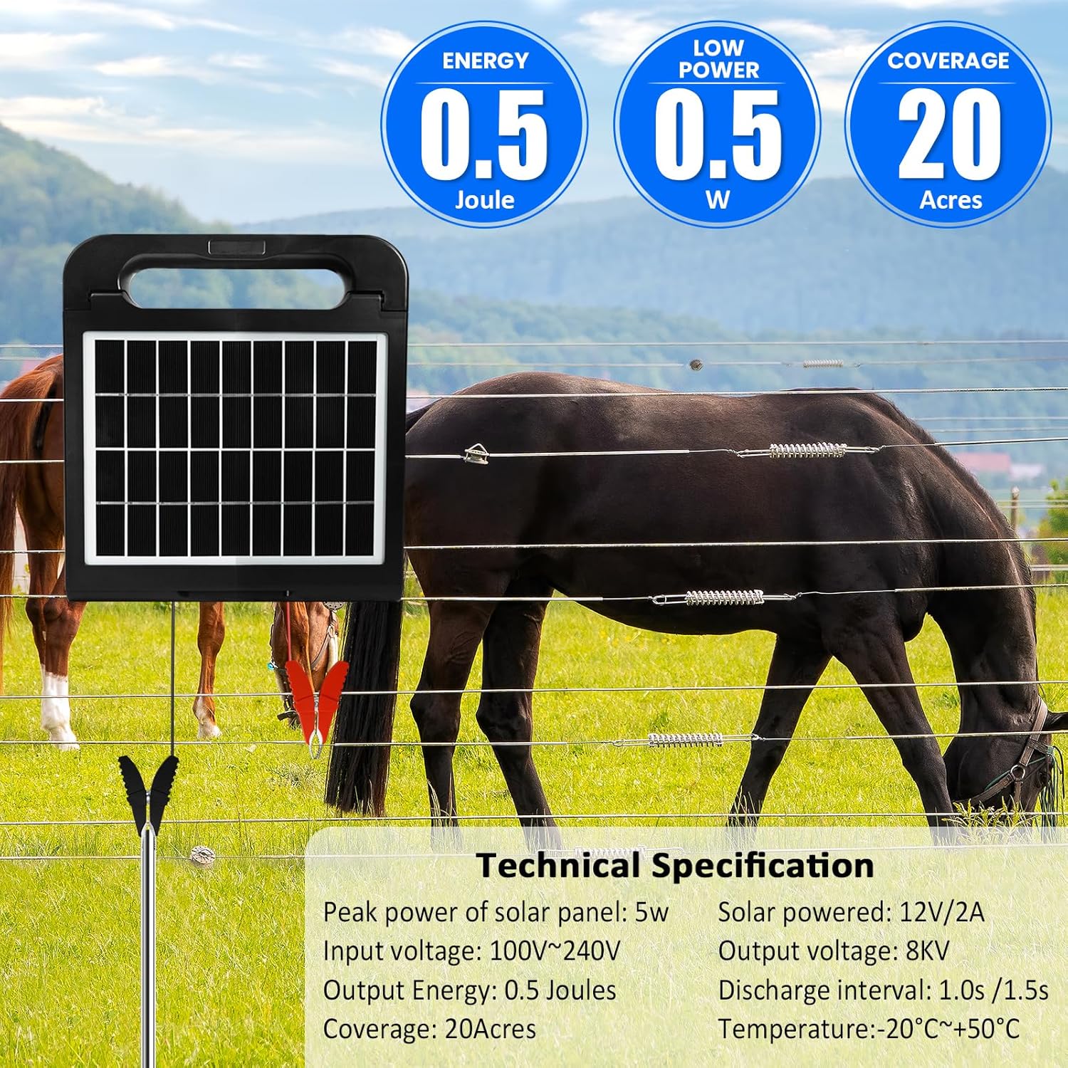 5KM Solar Electric Fence Charger 0.5J IP55 Energizer Kit