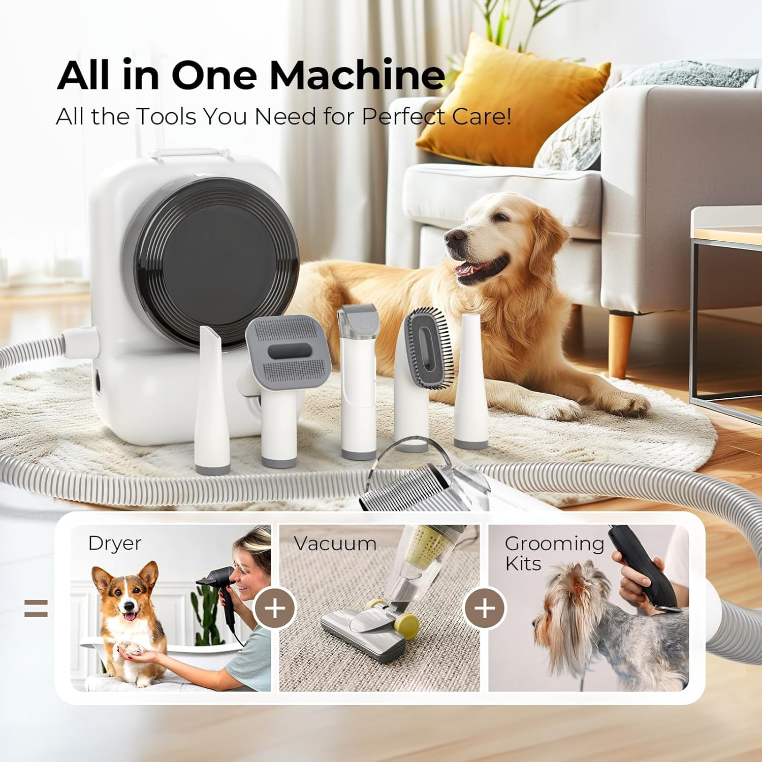 Dog Grooming Vacuum Dryer 15000Pa 3L Pet Hair Clipper Kit White