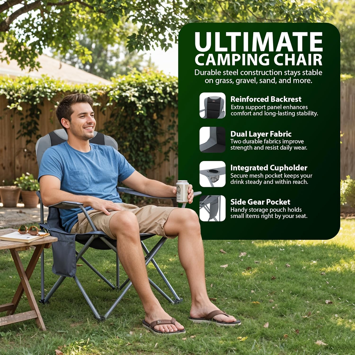 Set of 2 Camping Chairs Padded Steel Frame Black